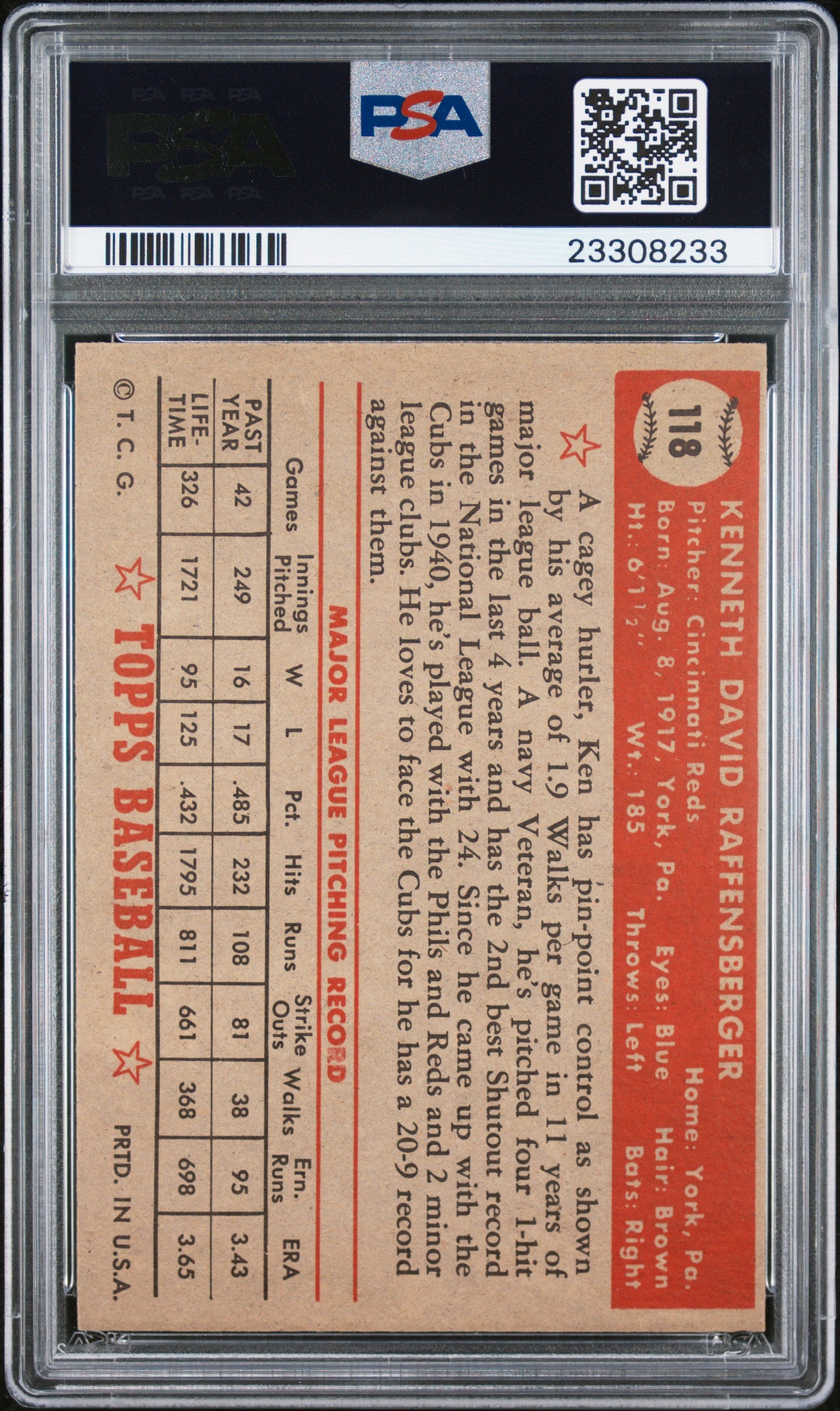 1952 Topps Ken Raffensberger #118 PSA 7