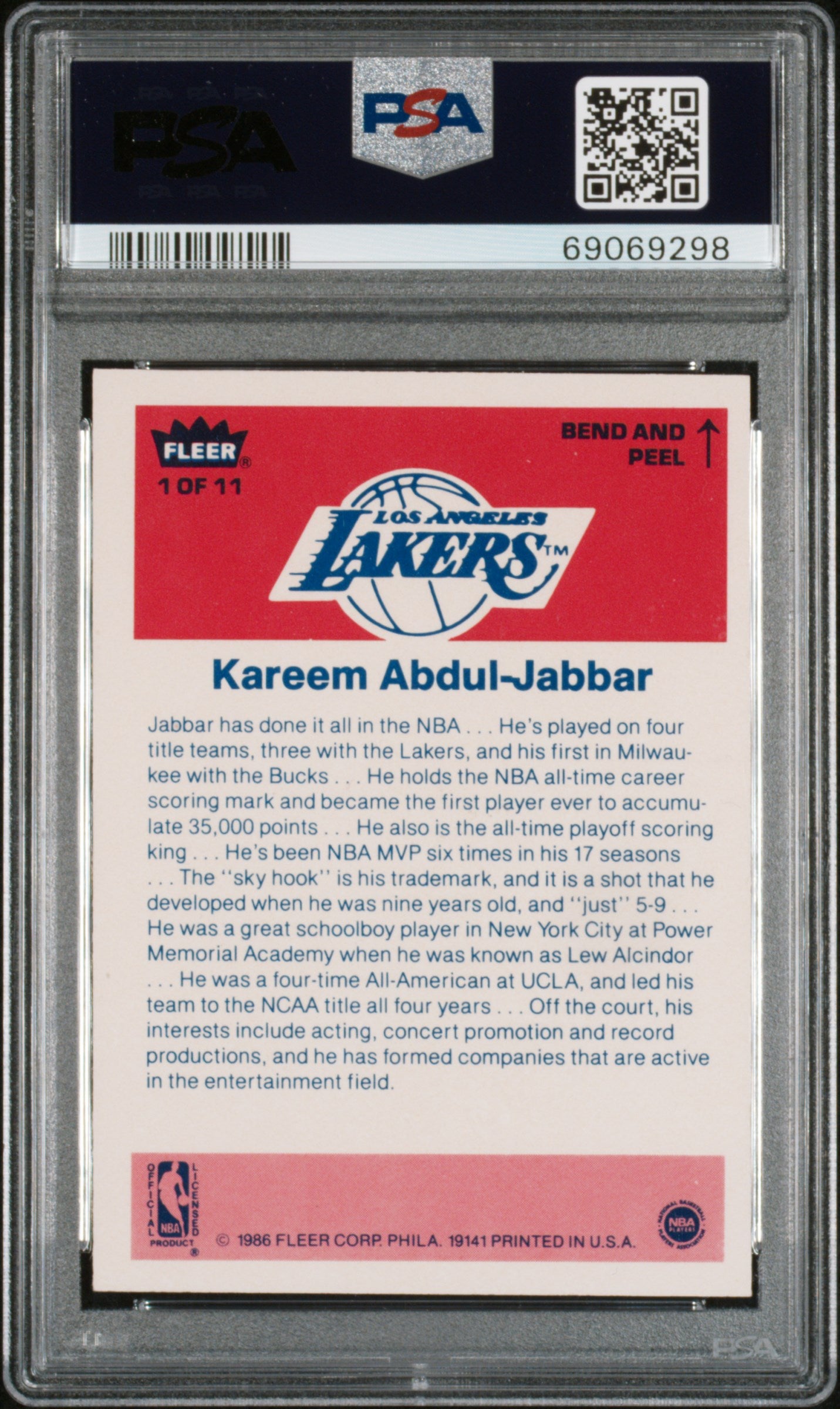 1986 Fleer Sticker K. Abdul-Jabbar #1 PSA 8