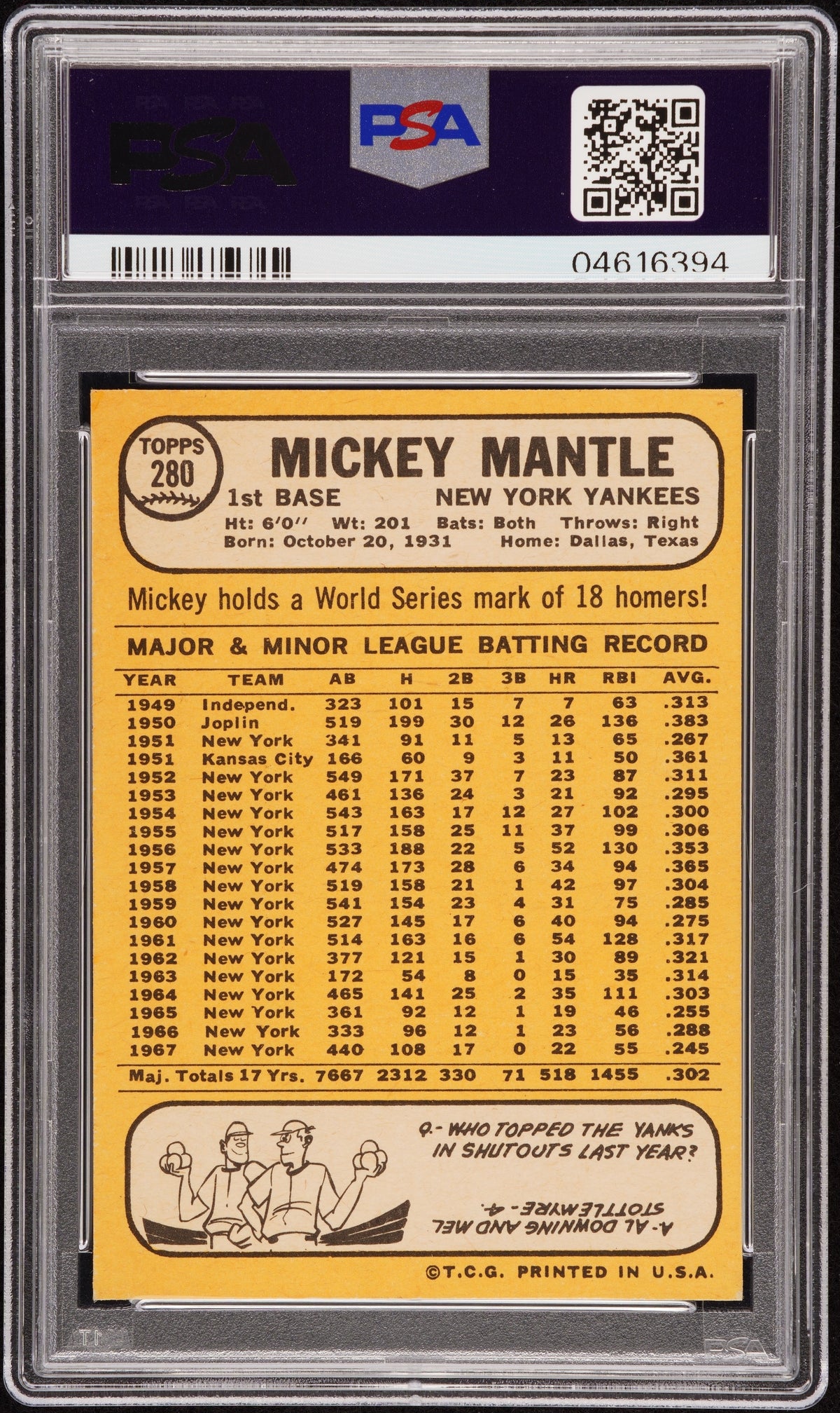 1968 Topps Mickey Mantle #280 PSA 8