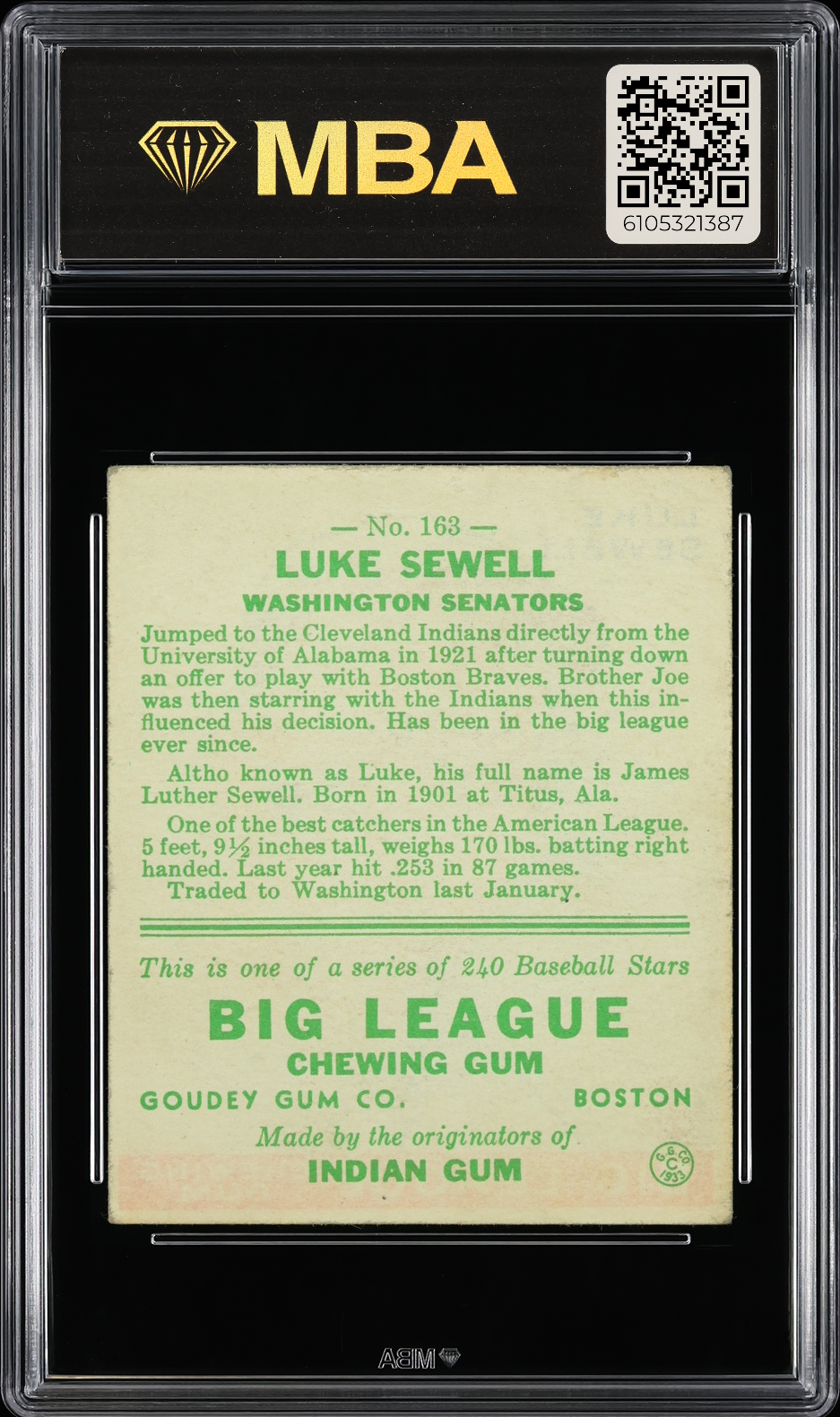 1933 Goudey Luke Sewell #163 MBA 4