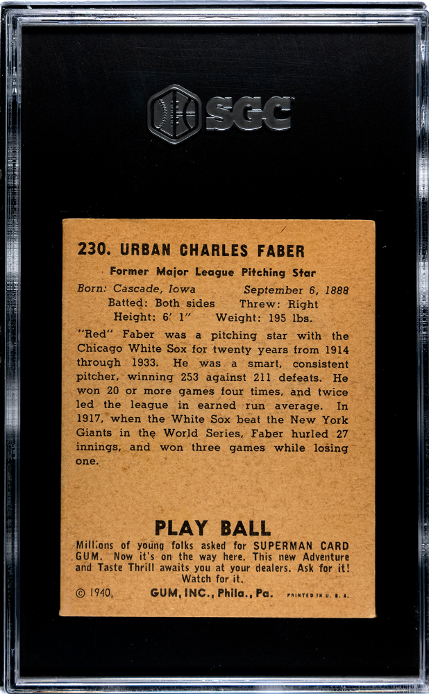 1940 Playball Red Faber #230 SGC 4.5