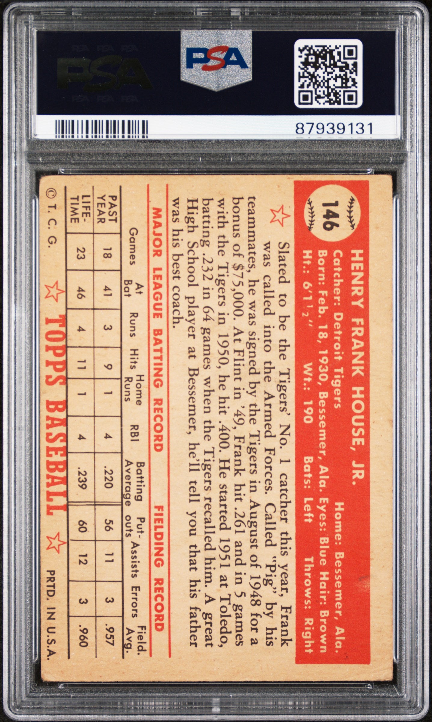 1952 Topps Frank House #146 Yellow Tiger PSA 2