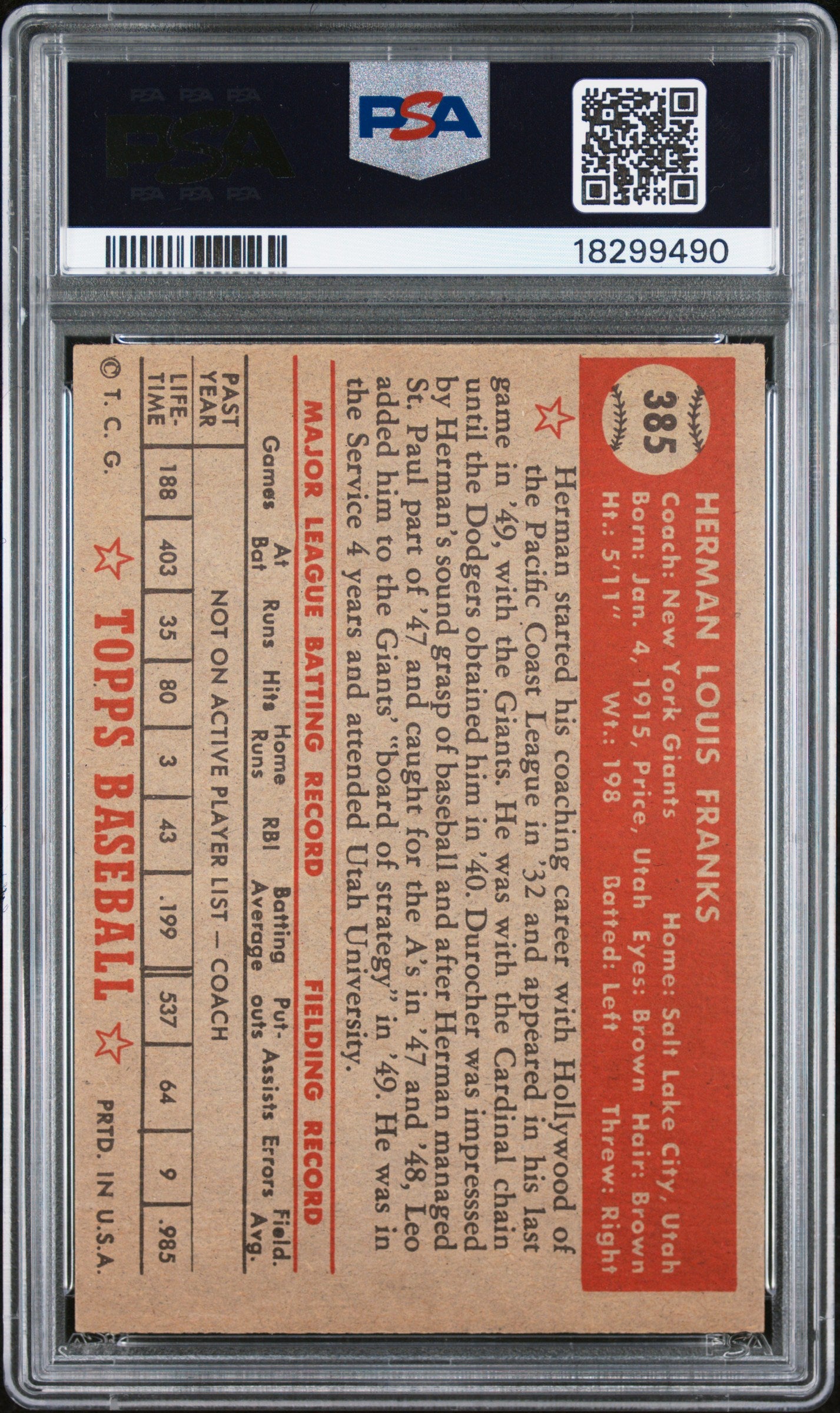 1952 Topps Herman Franks #385 PSA 7