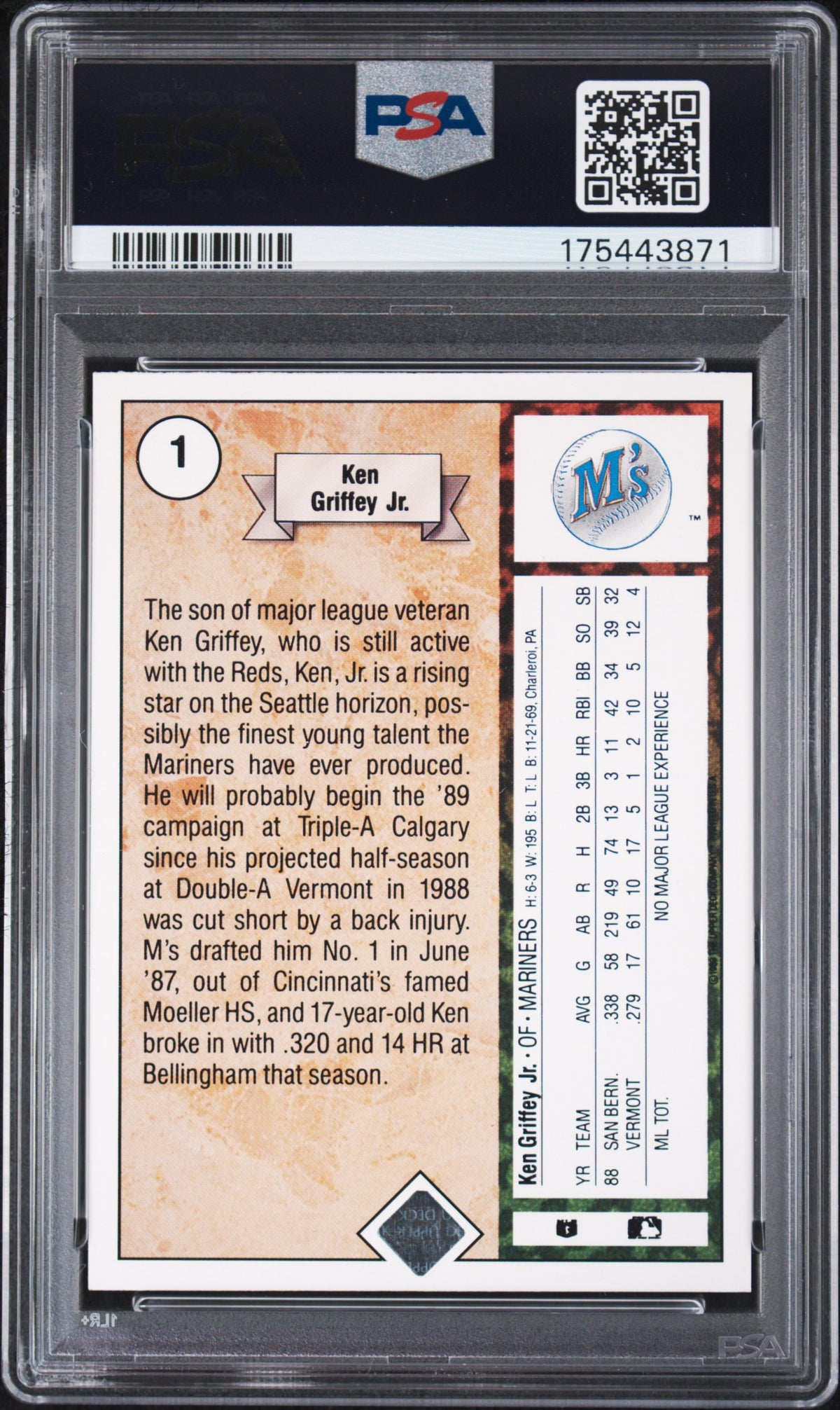 1989 Upper Deck Ken Griffey JR. #1 Star Rookie PSA 9 Auto 10