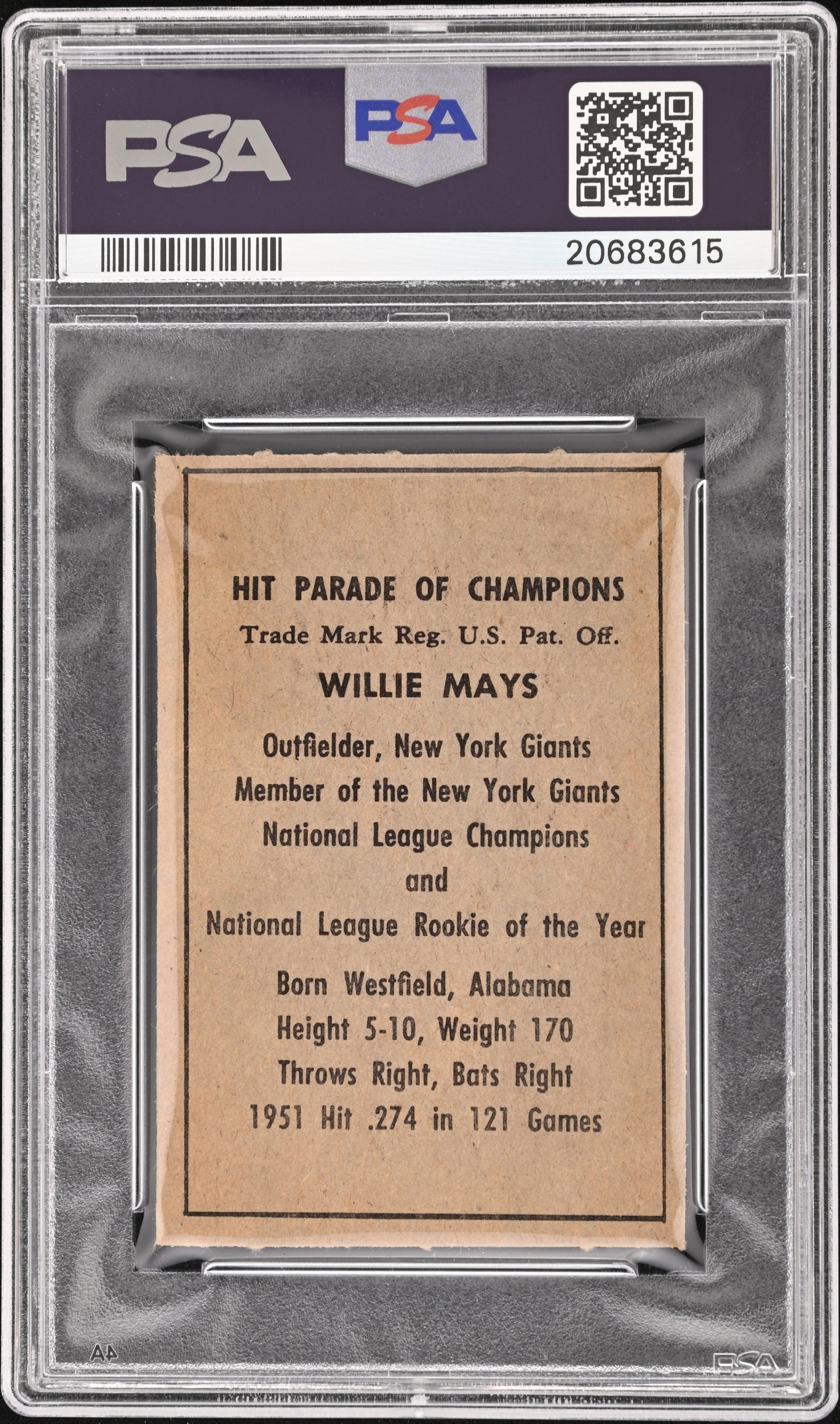 1952 Berk Ross Willie Mays PSA 7