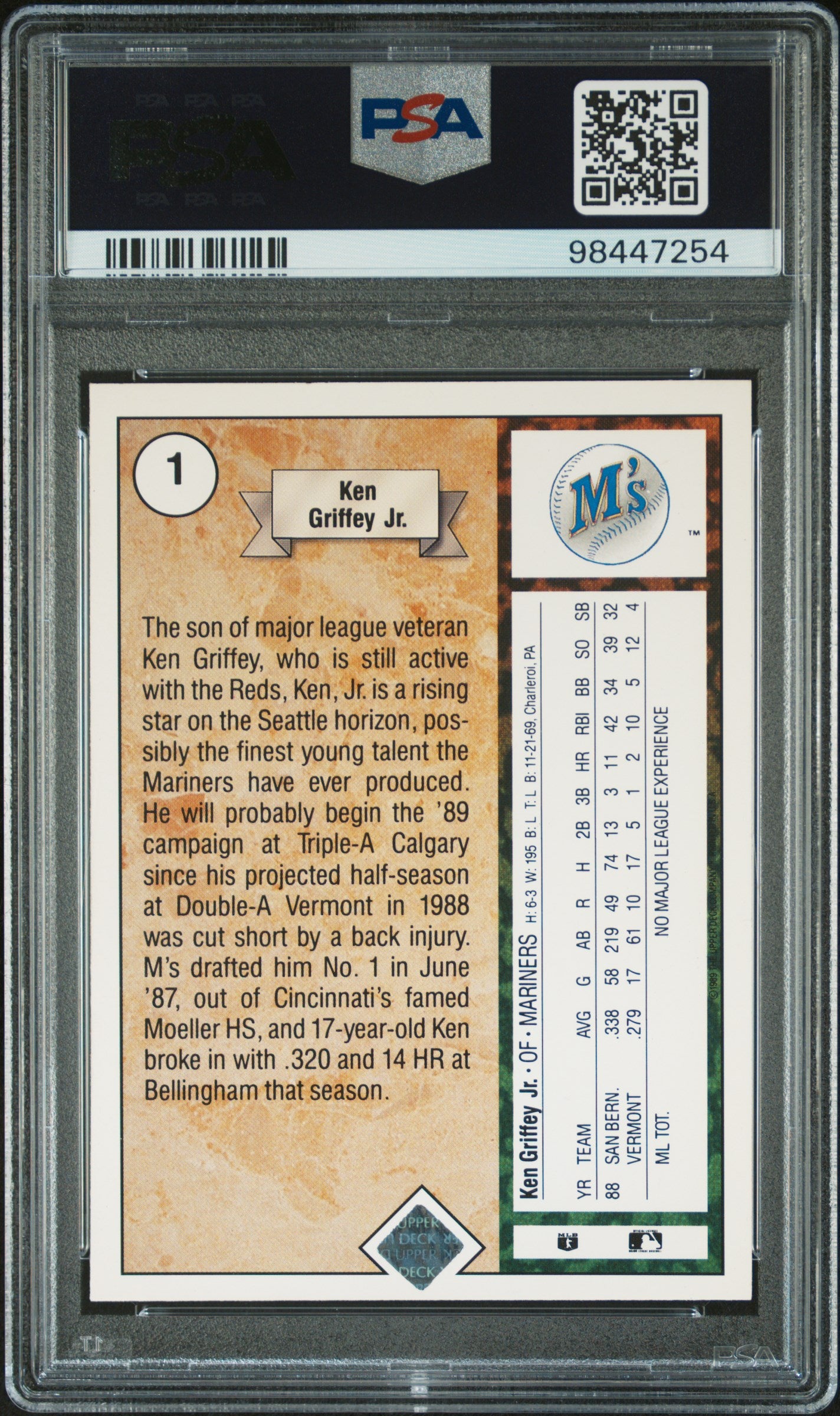 1989 Upper Deck Ken Griffey JR. #1 Star Rookie PSA 9 Auto 10