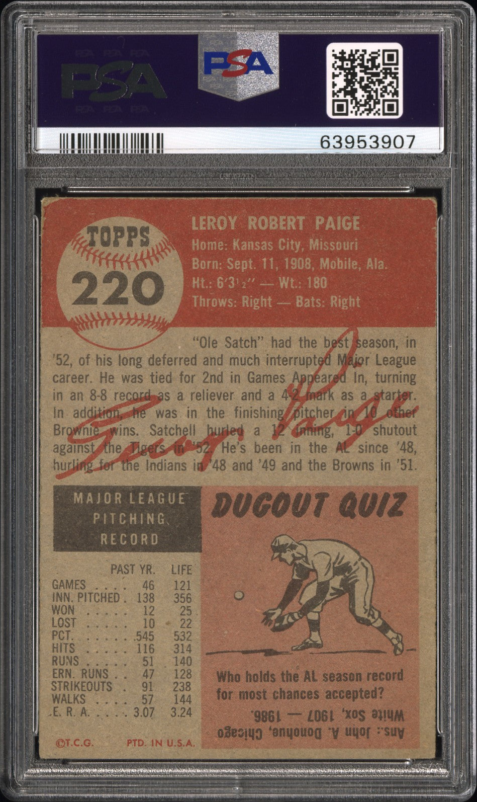 1953 Topps Satchell Paige #220 PSA 4.5