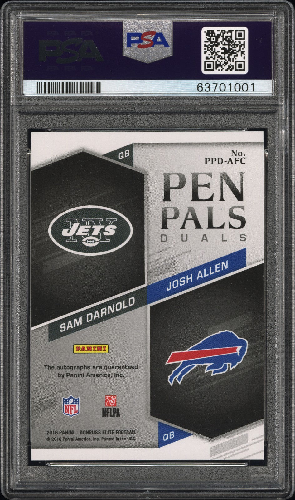2018 Panini Donruss Elite Pen Pals Duals Auto Allen Darnold Auto Gold Ink PSA 10
