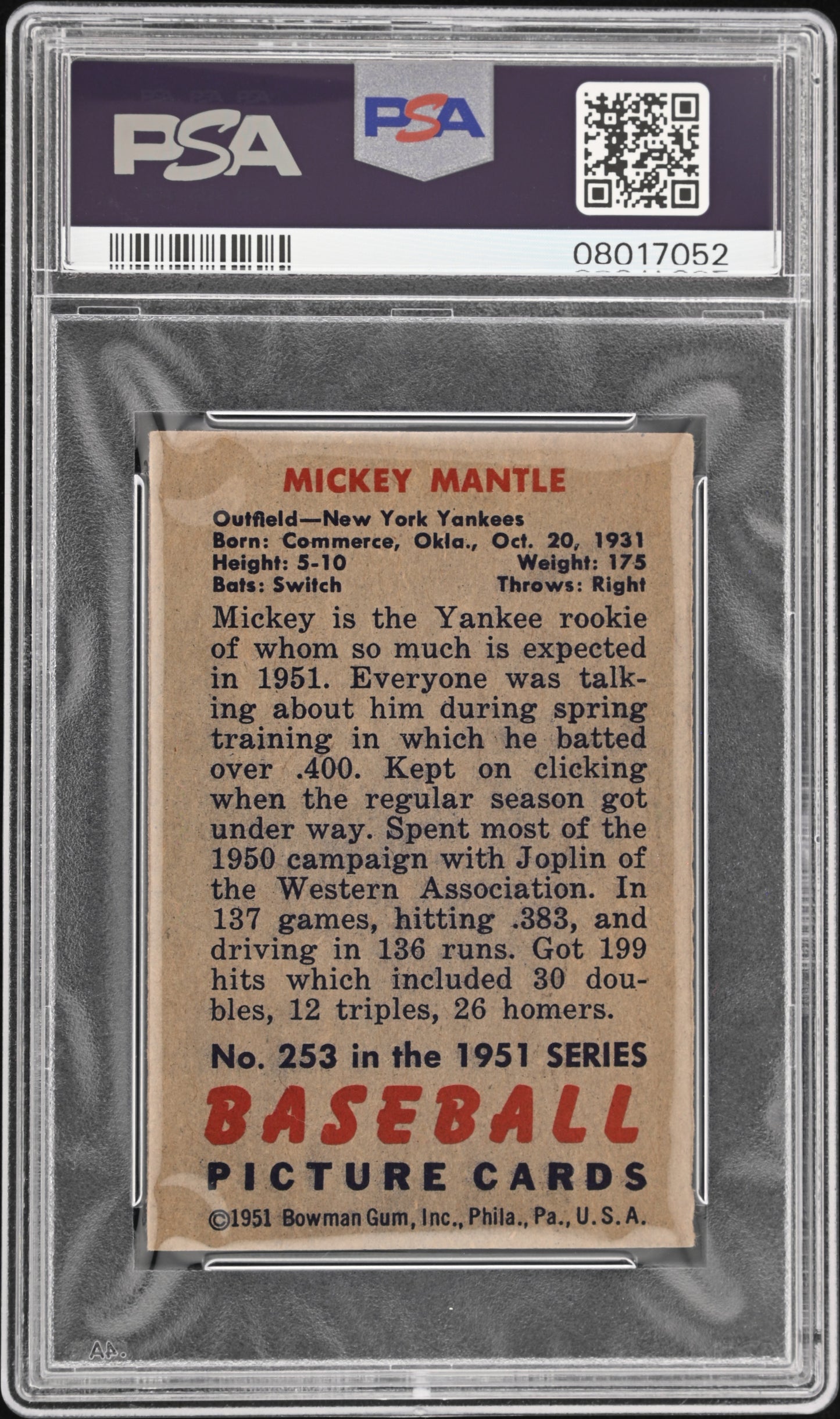 1951 Bowman Mickey Mantle #253 PSA 7