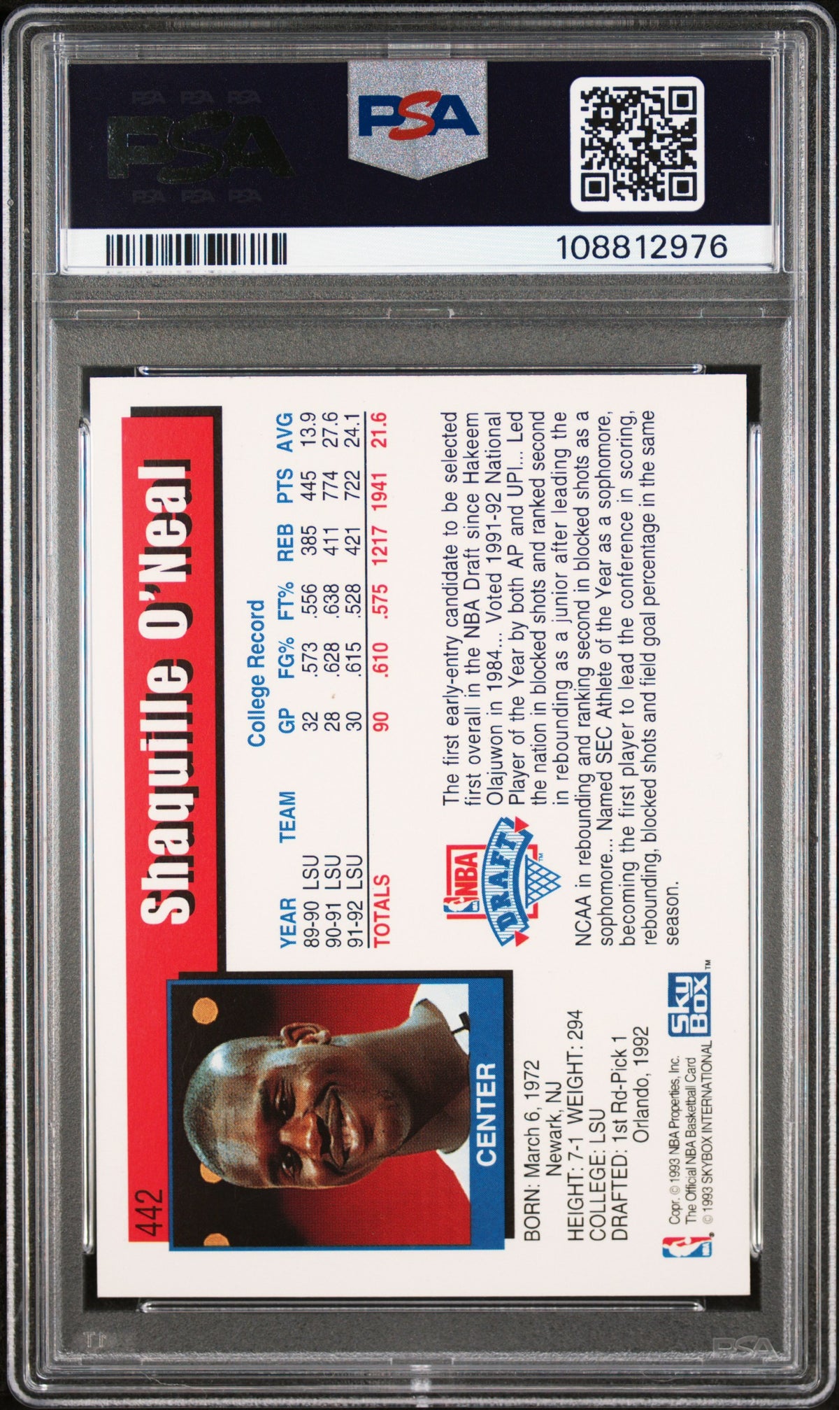 1992 Hoops Shaquille O'Neal #442 PSA 6 Auto 8