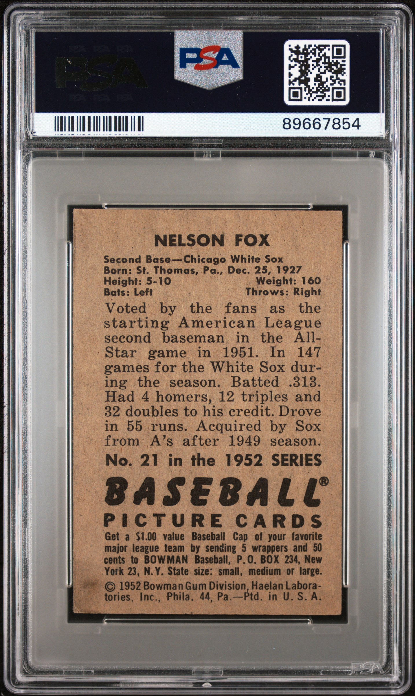 1952 Bowman Nelson Fox #21 PSA 4
