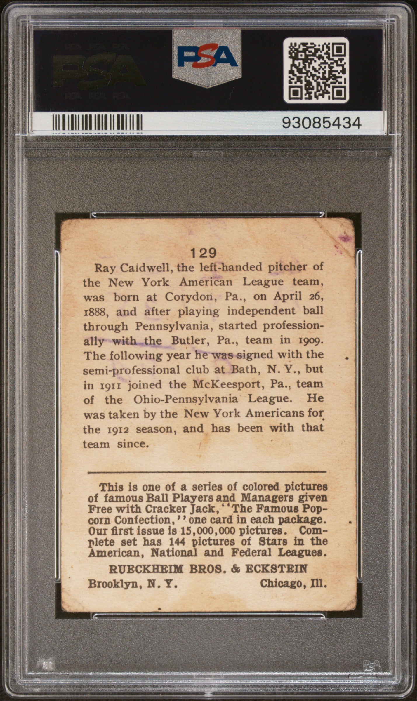 1914 Cracker Jack Ray Caldwell #129 PSA 1.5 MK