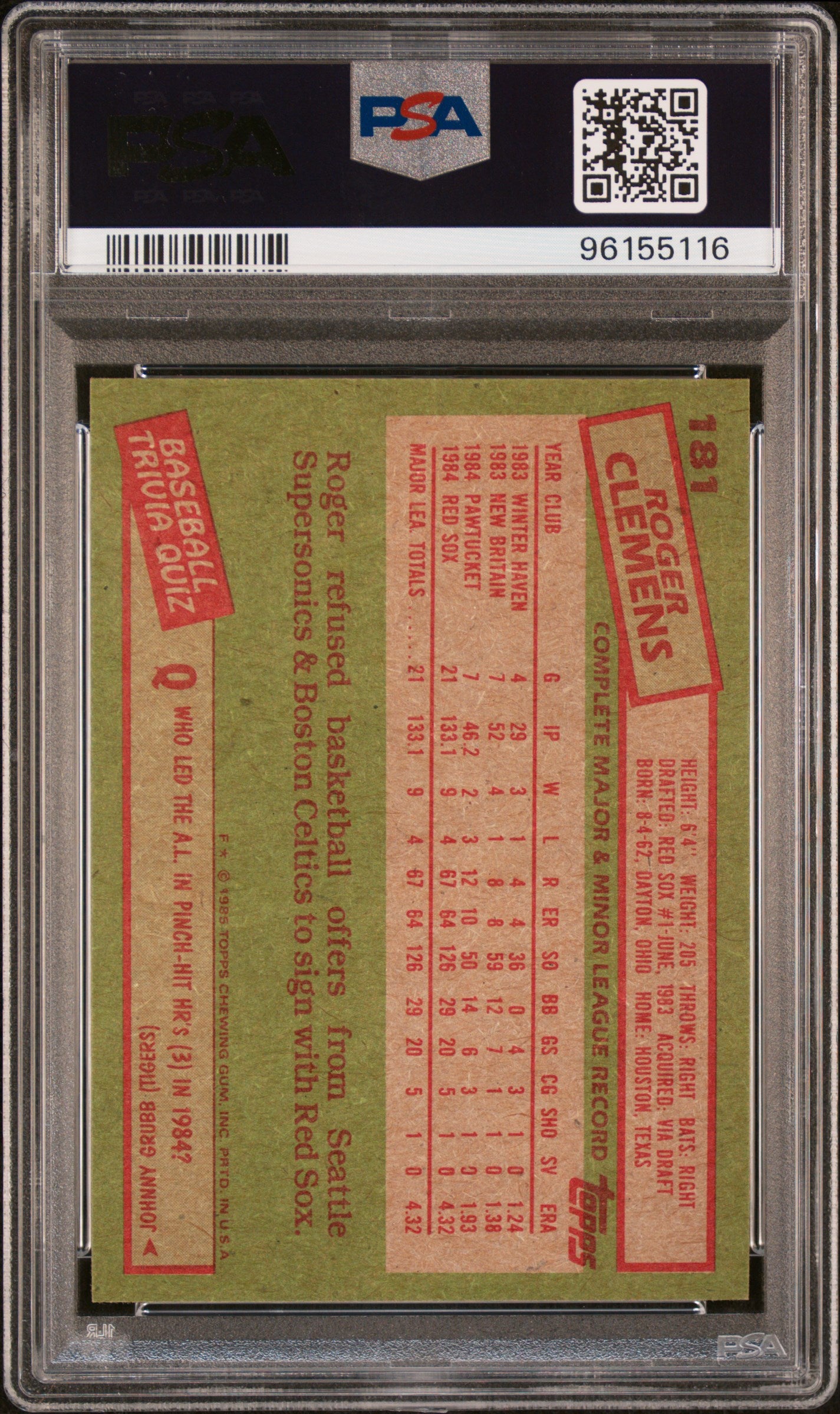 1985 Topps Roger Clemens #181 PSA 9