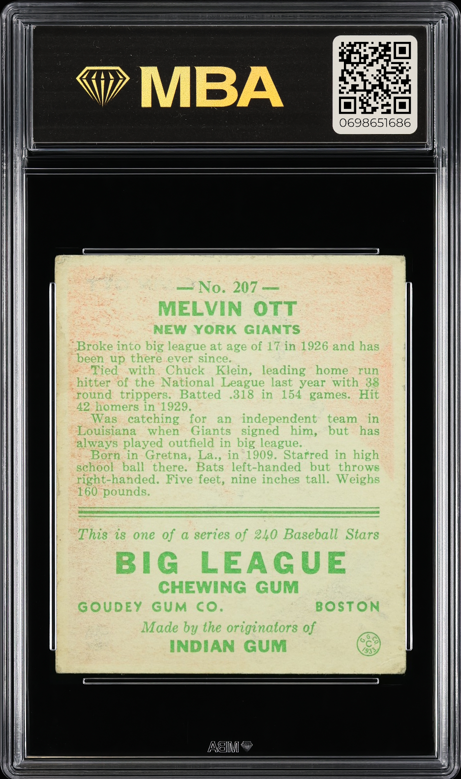 1933 Goudey Mel Ott #207 MBA 3.5