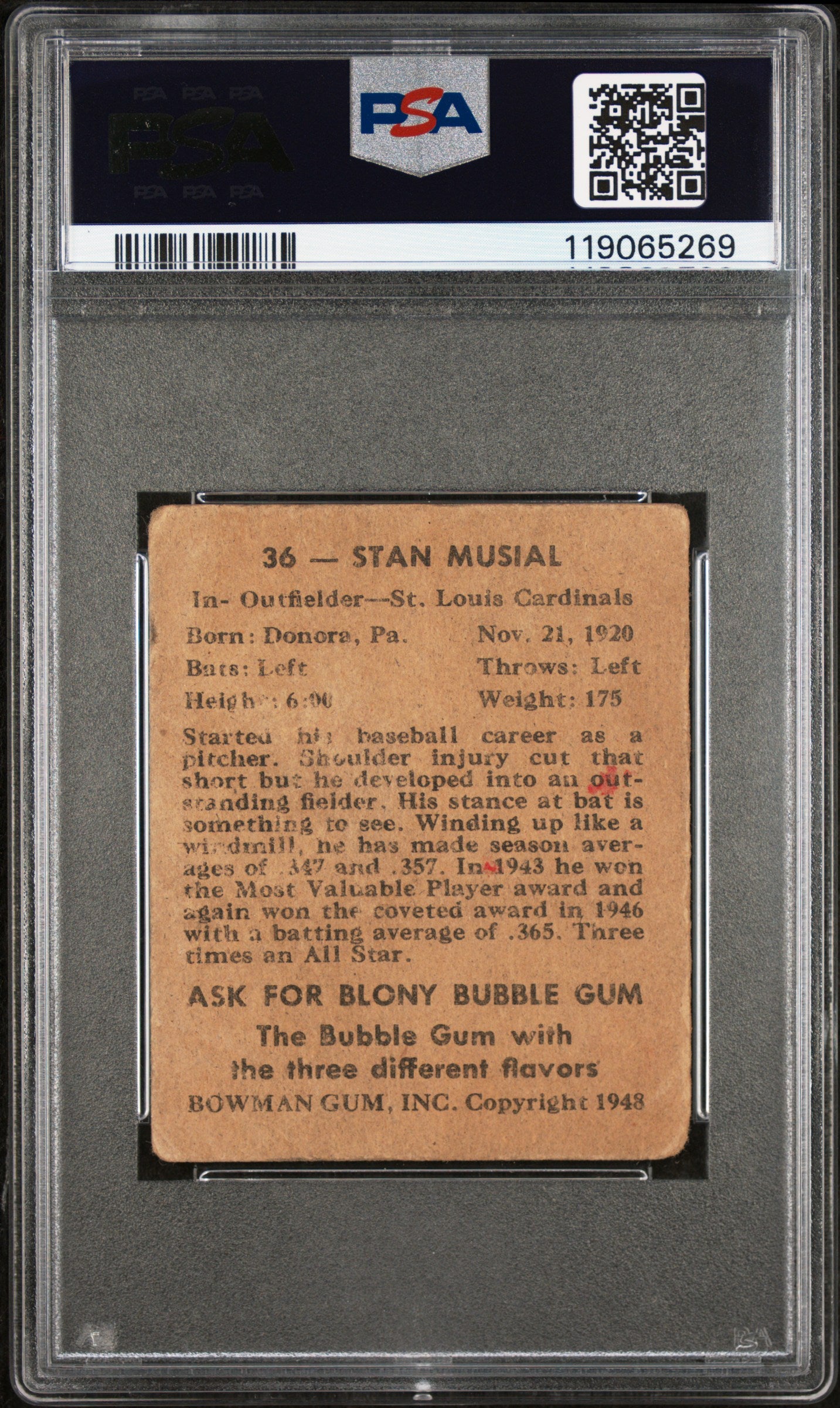 1948 Bowman Stan Musial #36 PSA A Auto 10