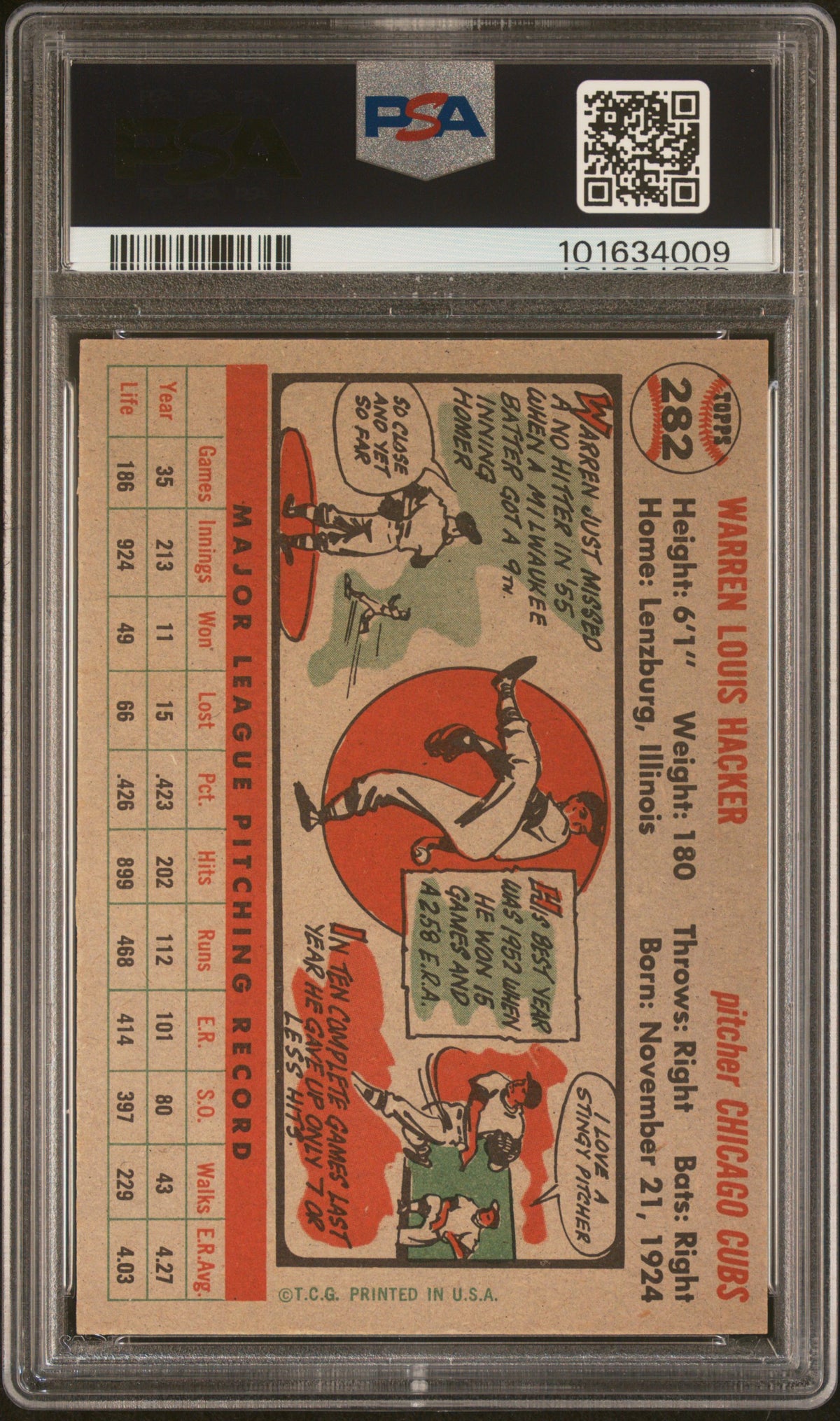 1956 Topps Warren Hacker #282 PSA 8