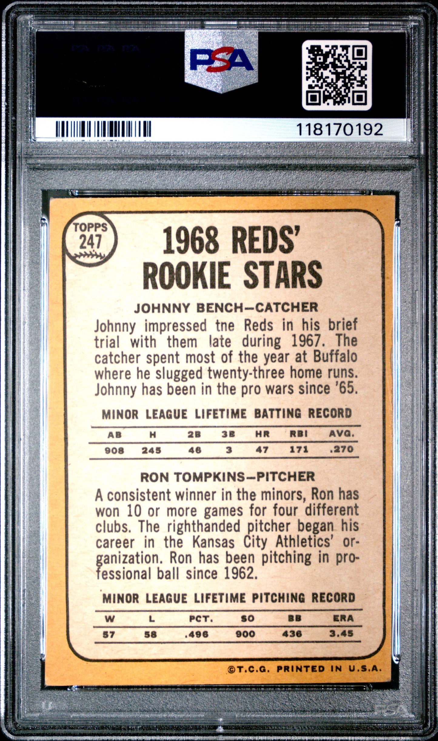 1968 Topps Reds Rookies #247 J. Bench R. Tompkins PSA 4