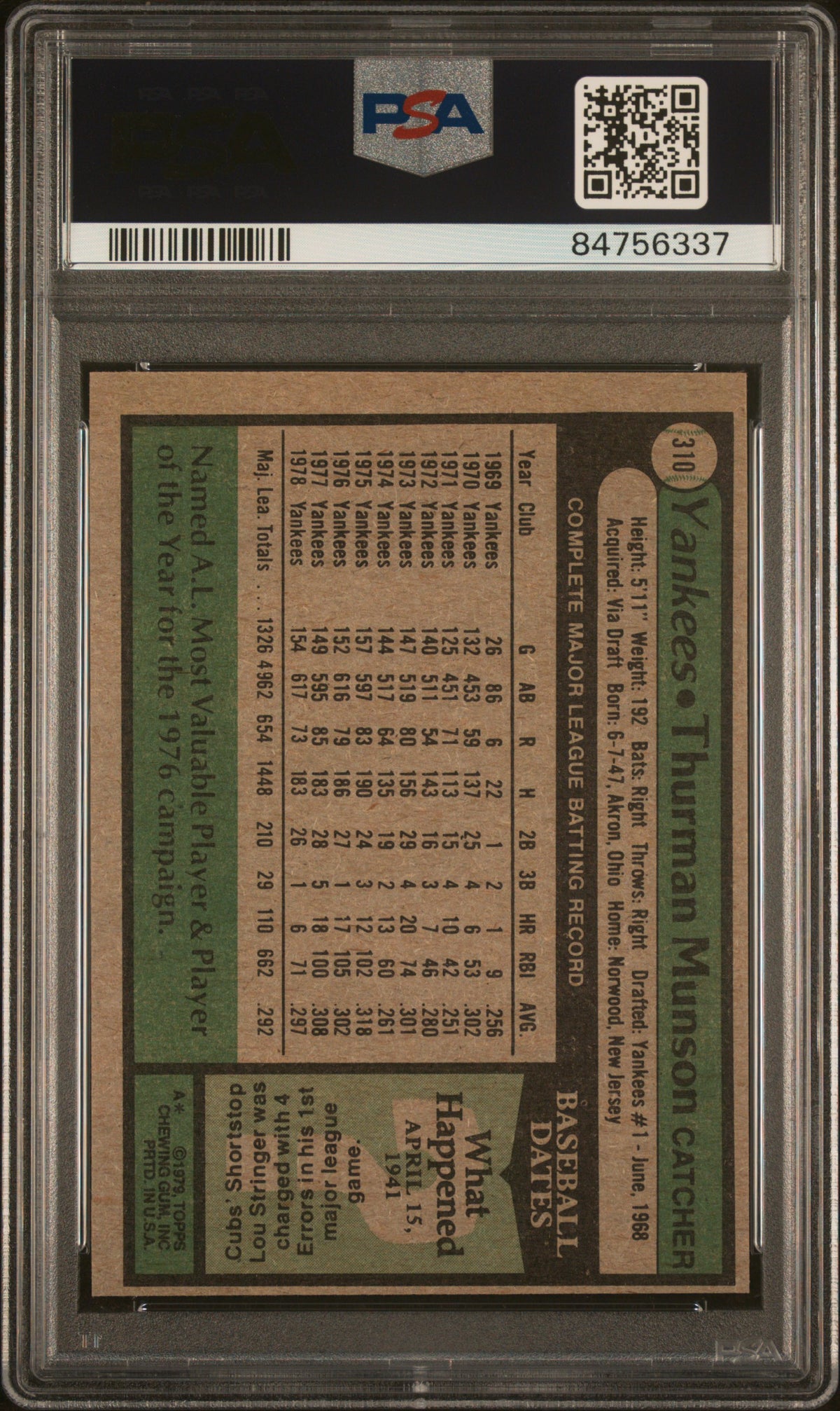 1979 Topps Thurman Munson #310 PSA 9