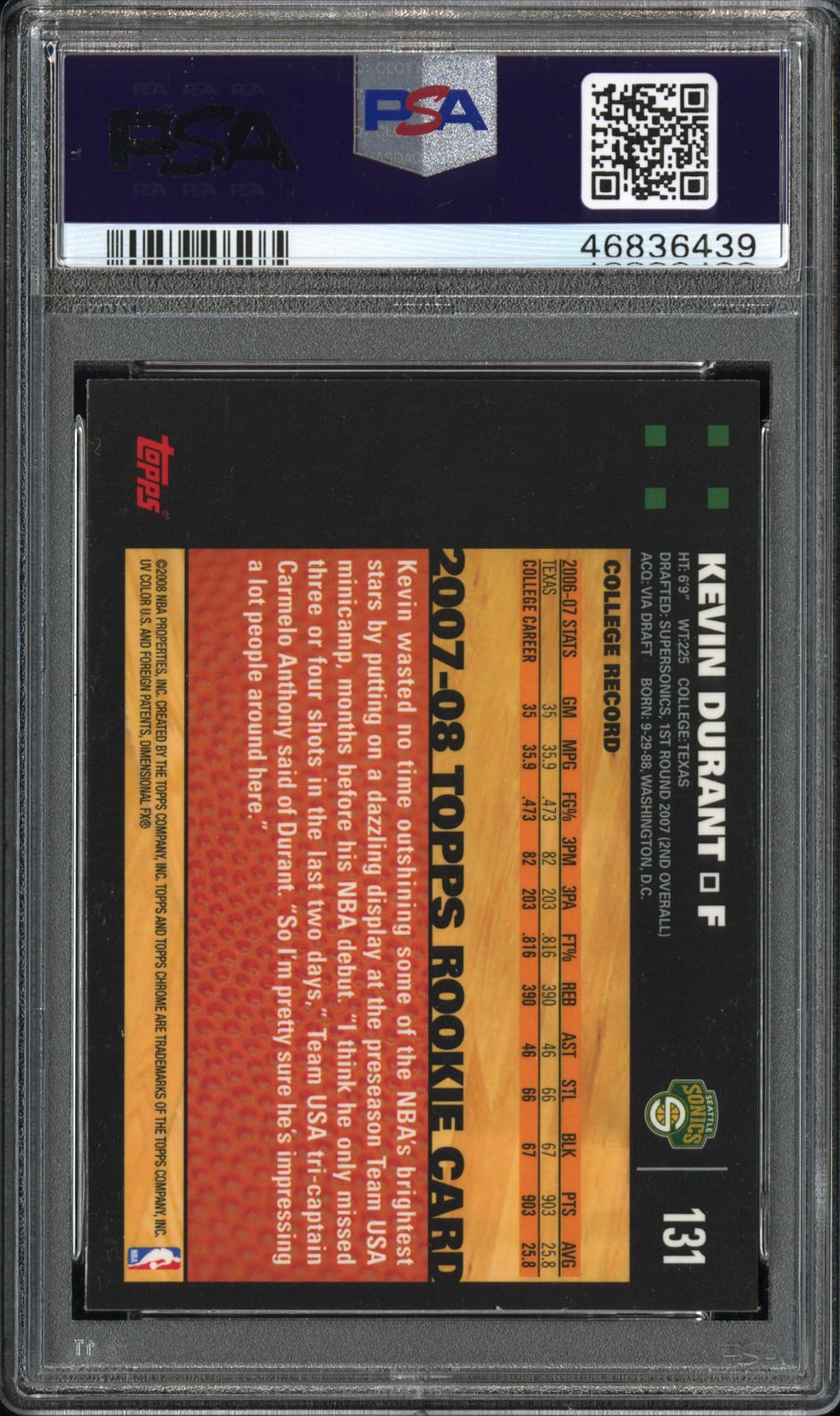 2007 Topps Chrome Kevin Durant #131 PSA 9