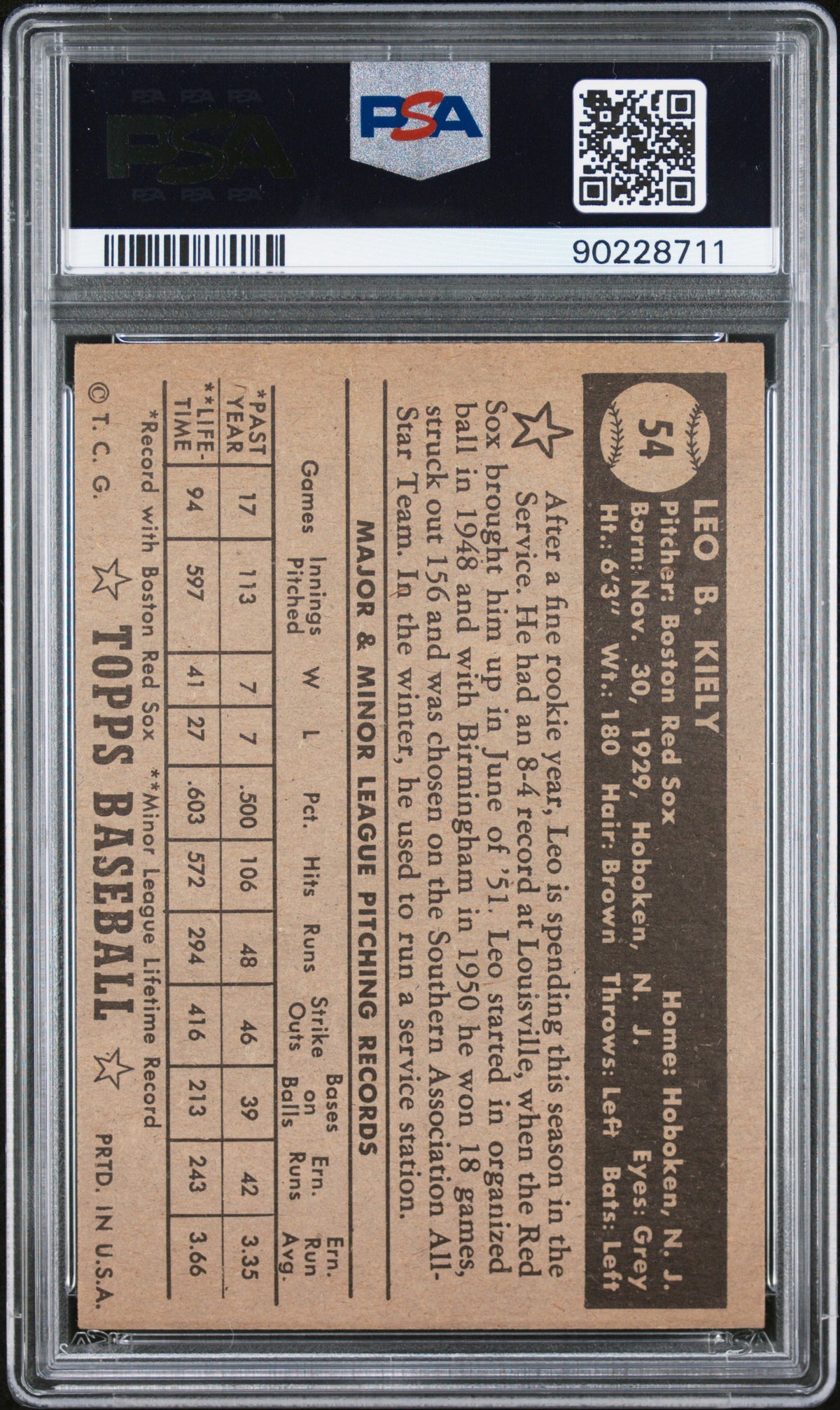 1952 Topps Leo Kiely #54 Black Back PSA 7
