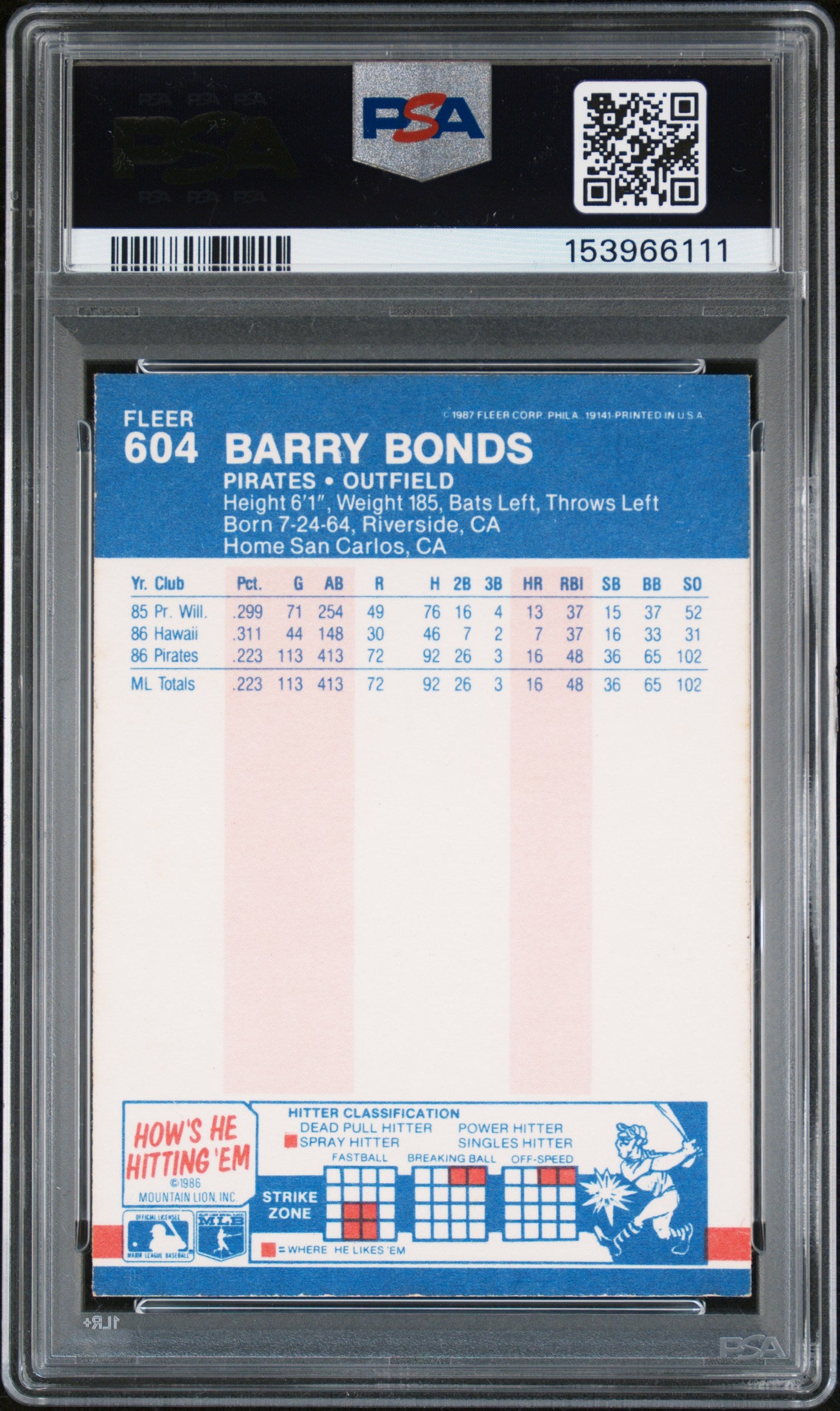 1987 Fleer Barry Bonds #604 PSA 6 Auto 10