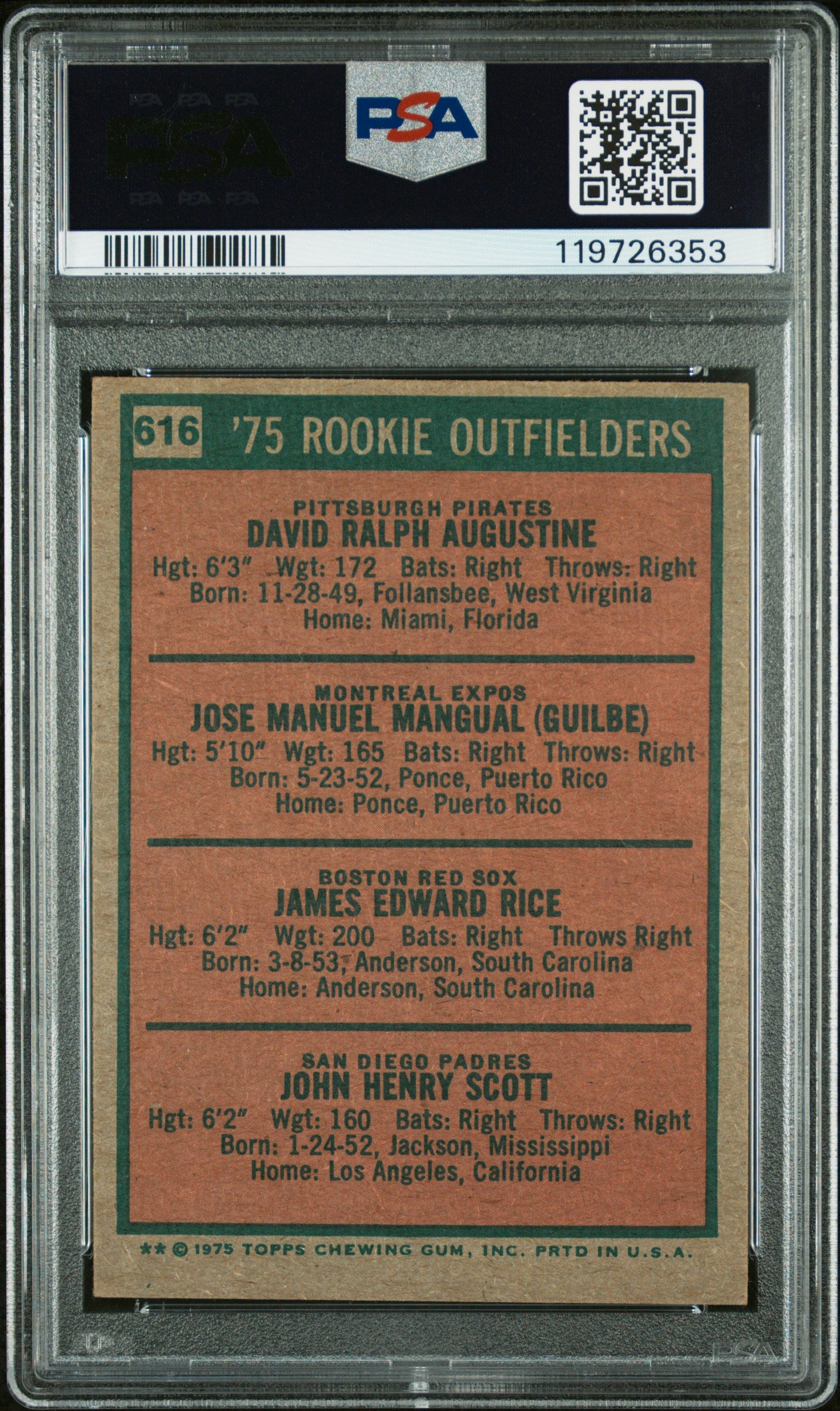 1975 Topps Rookie Outfielders #616 J. Rice J. Scott PSA 5 Auto 10