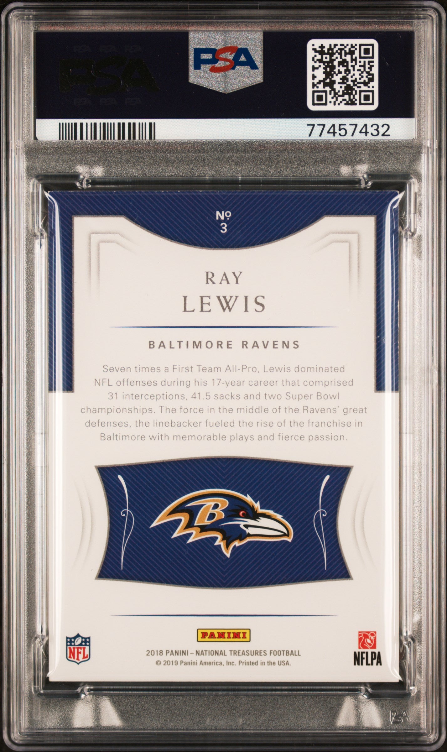 2018 Panini National Treasures Ray Lewis #3 Purple PSA A 22/50 Auto A