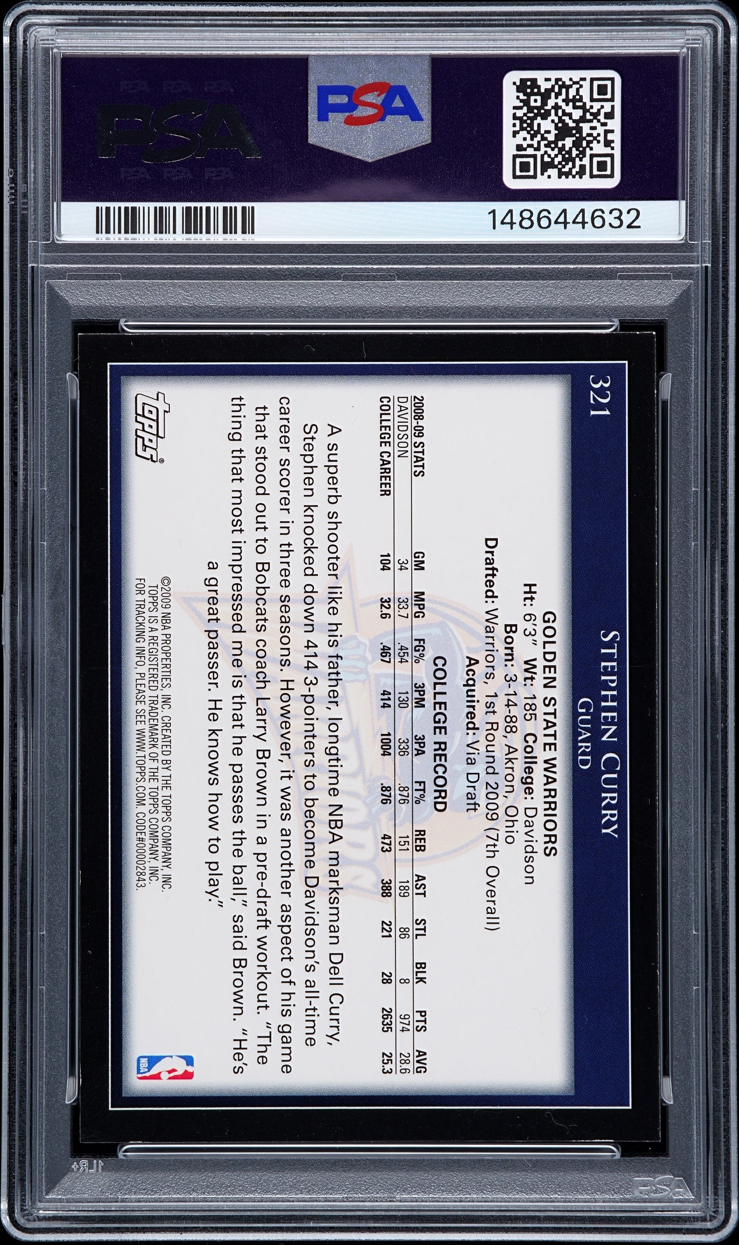 2009 Topps Stephen Curry #321 PSA 7 Auto 10