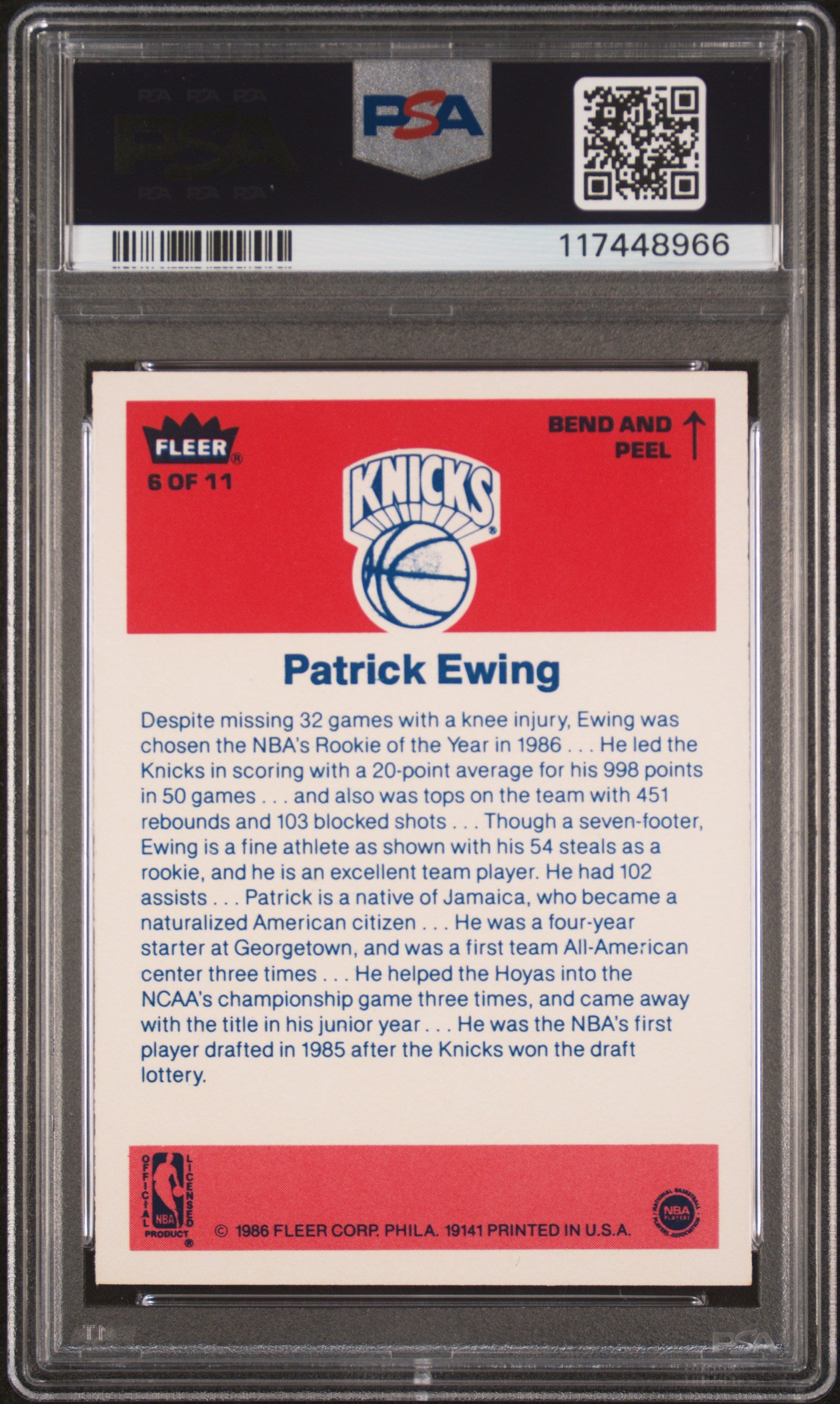 1986 Fleer Sticker Patrick Ewing #6 PSA 9