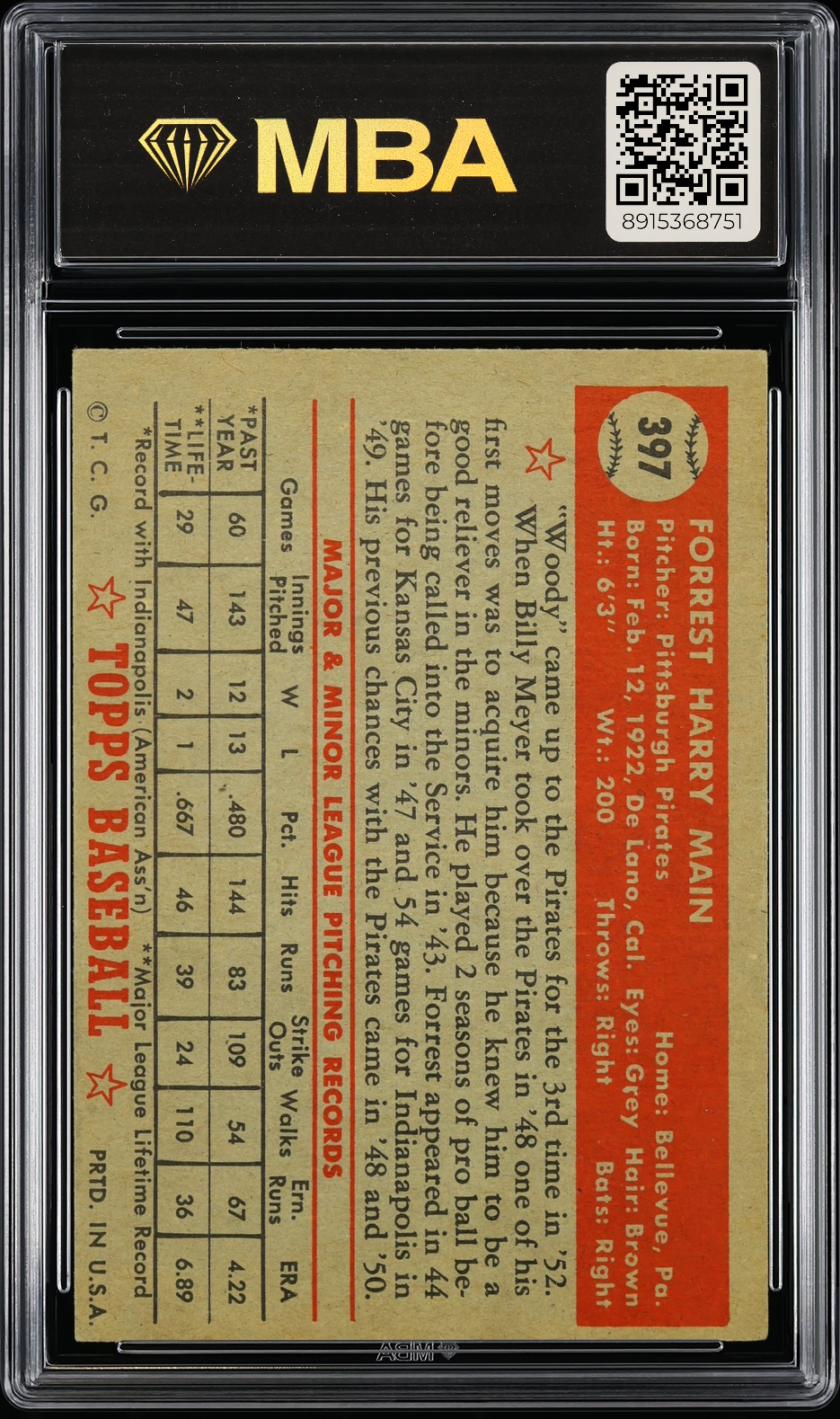 1952 Topps Forrest Main #397 MBA 5