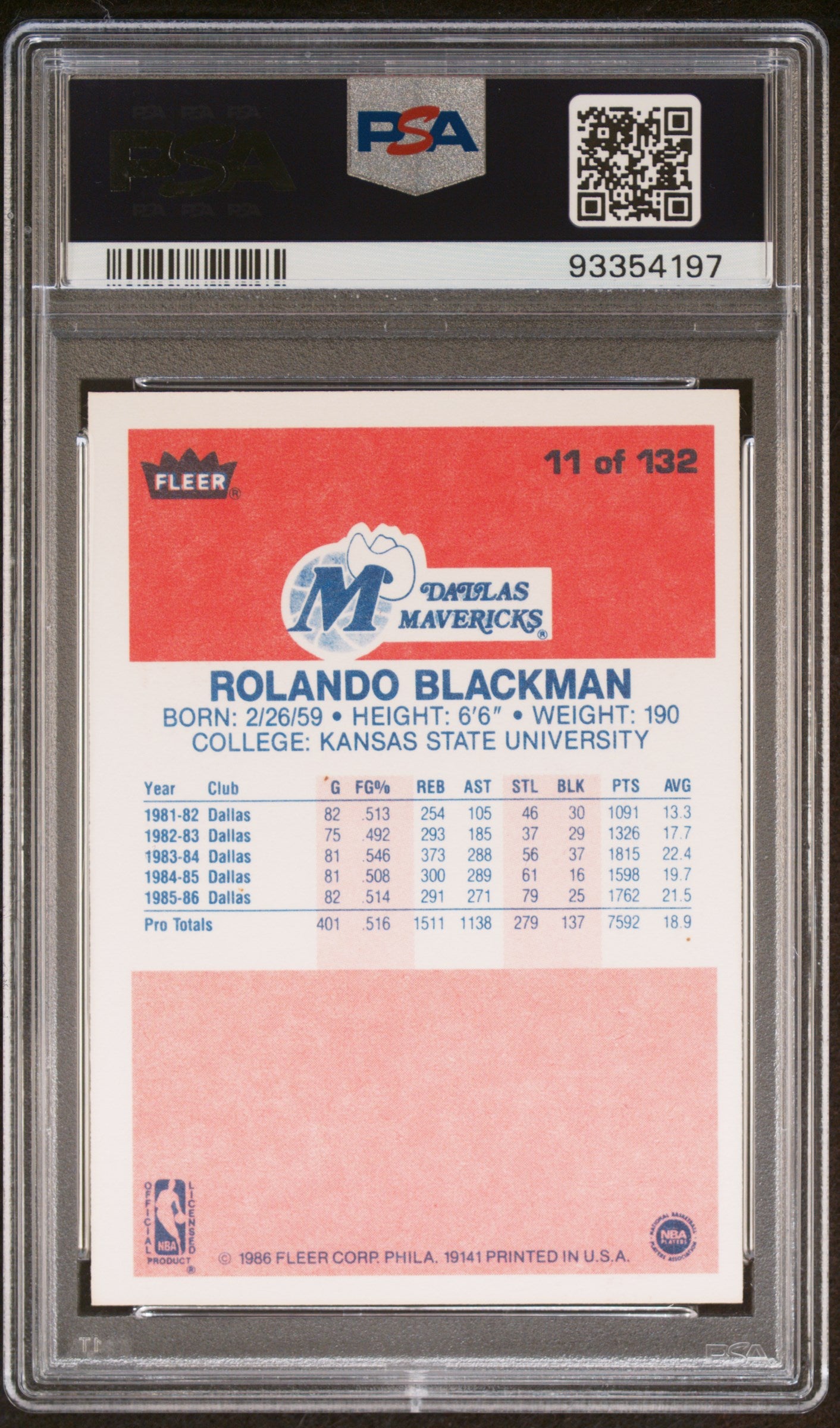 1986 Fleer Rolando Blackman #11 PSA 9