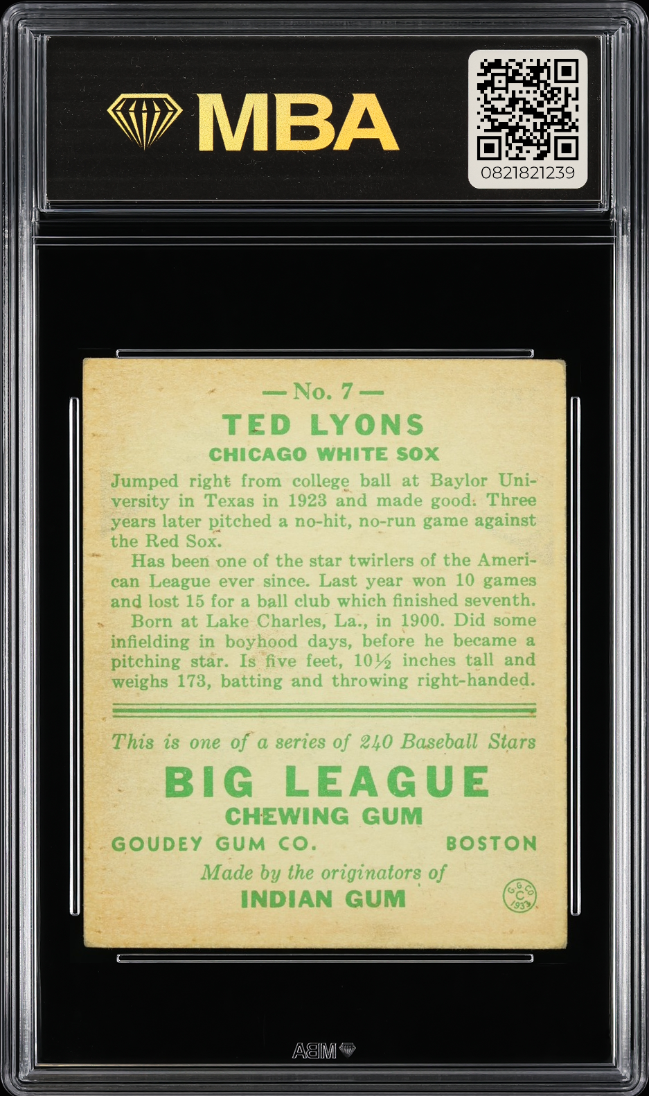 1933 Goudey Ted Lyons #7 MBA 3