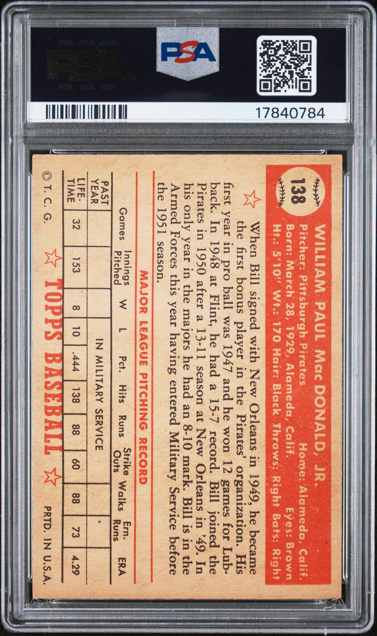 1952 Topps Bill Macdonald #138 PSA 7