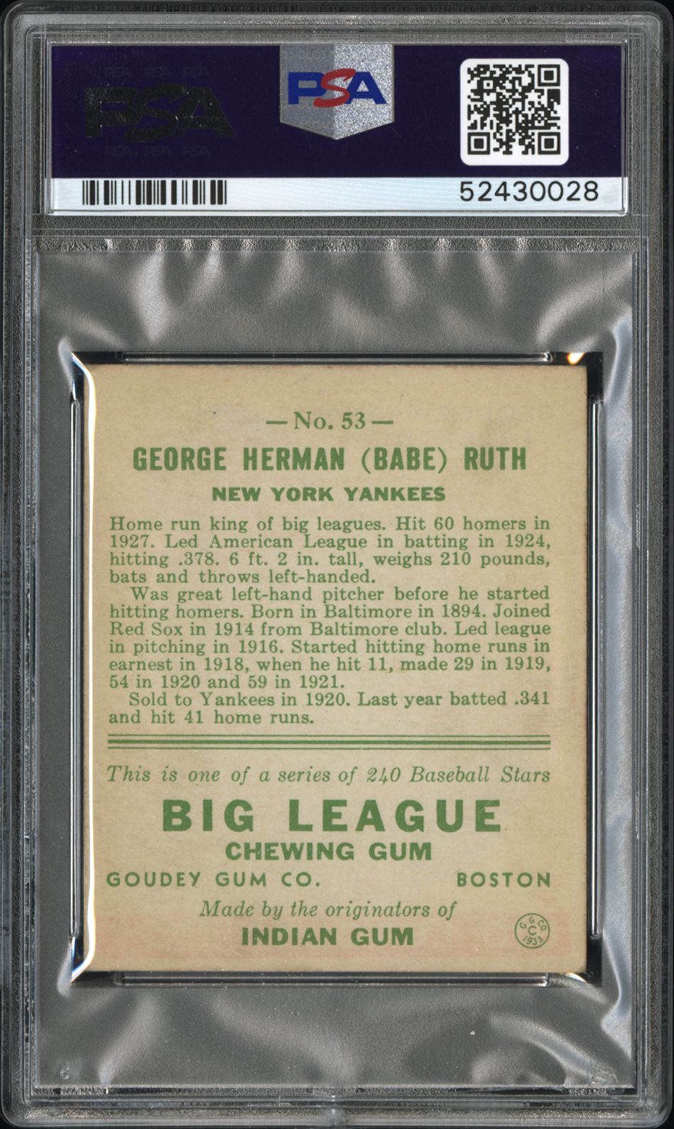 1933 Goudey Babe Ruth #53 PSA 4