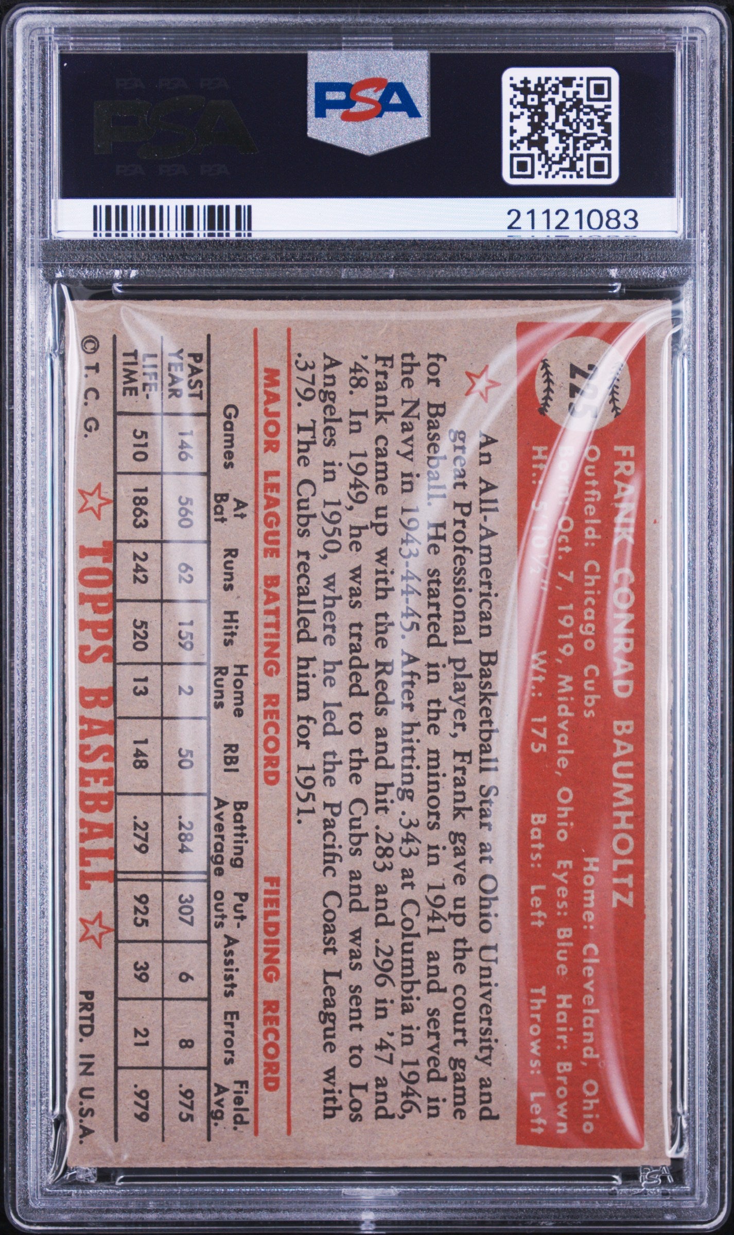 1952 Topps Frank Baumholtz #225 PSA 8