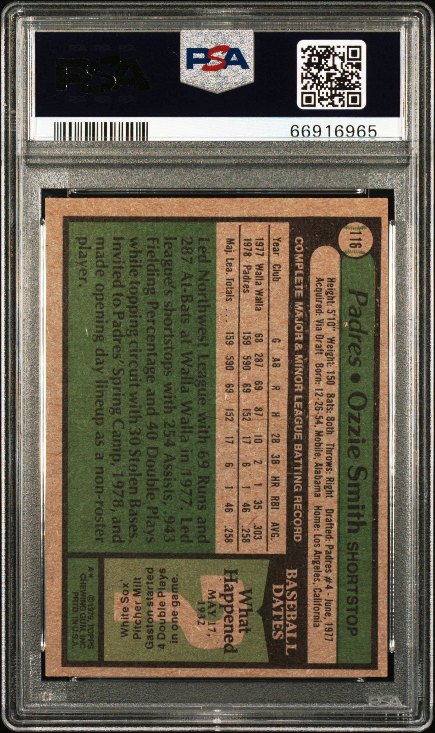 1979 Topps Ozzie Smith #116 PSA 6 Auto 10