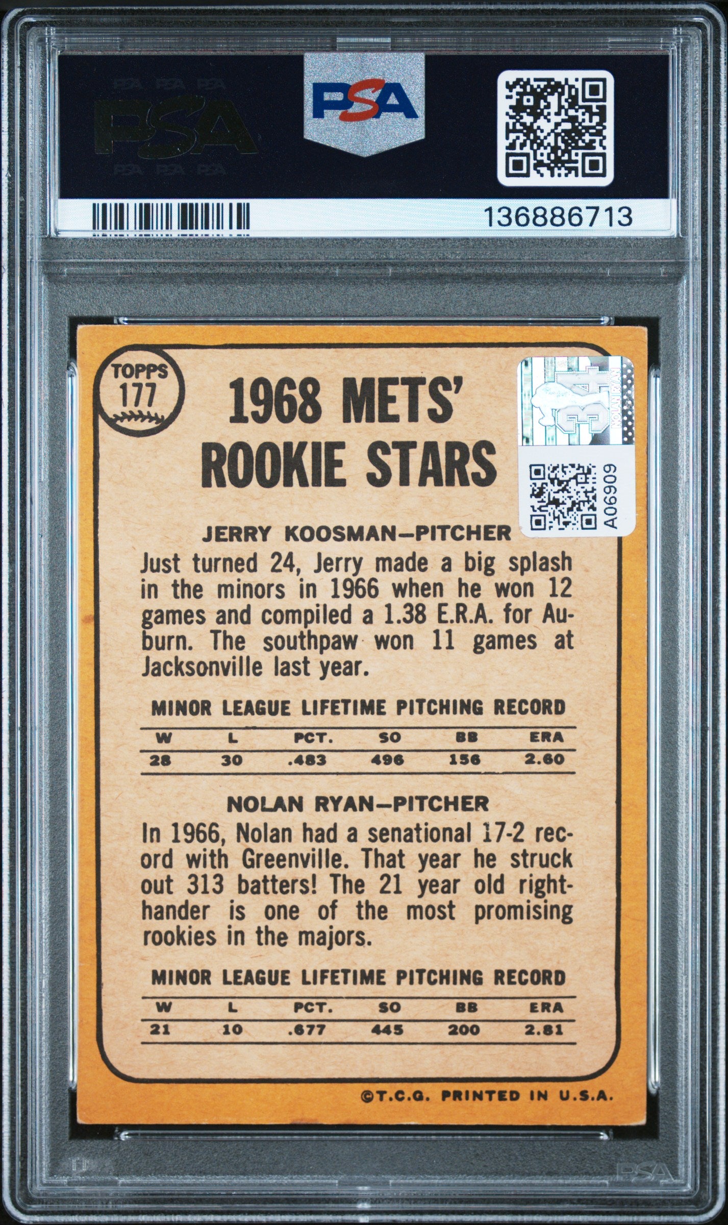 1968 Topps Nolan Ryan #177 Mets Rookies PSA 2