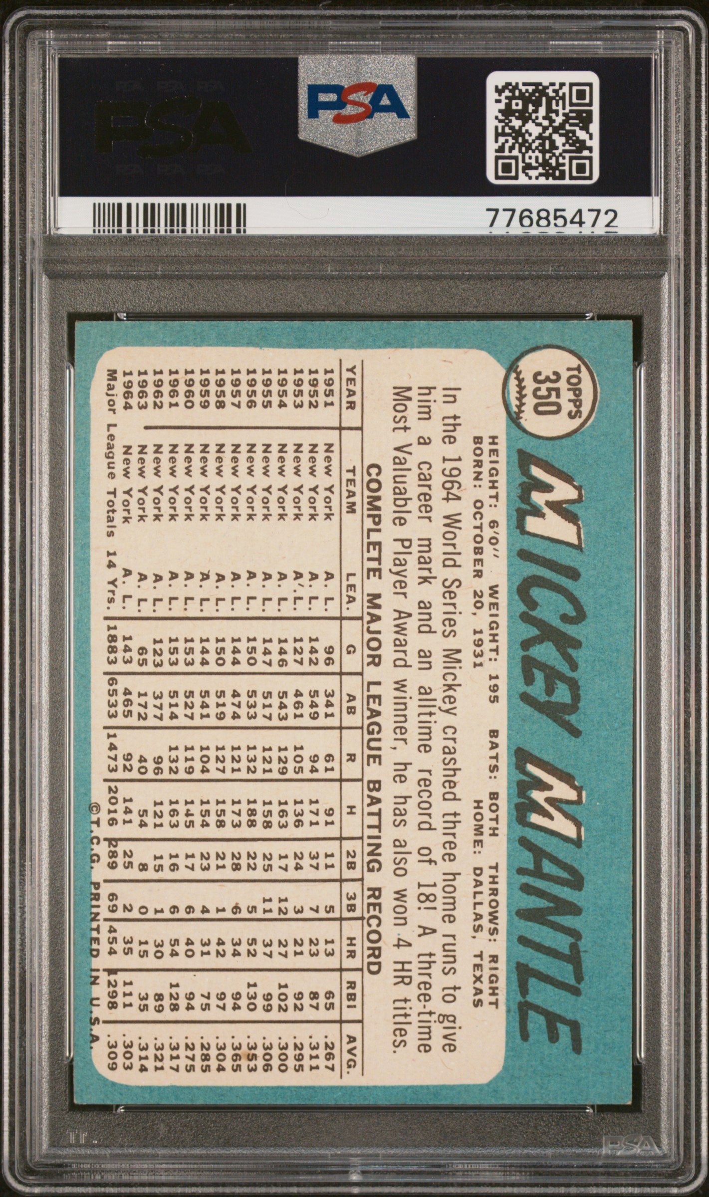 1965 Topps Mickey Mantle #350 PSA 6