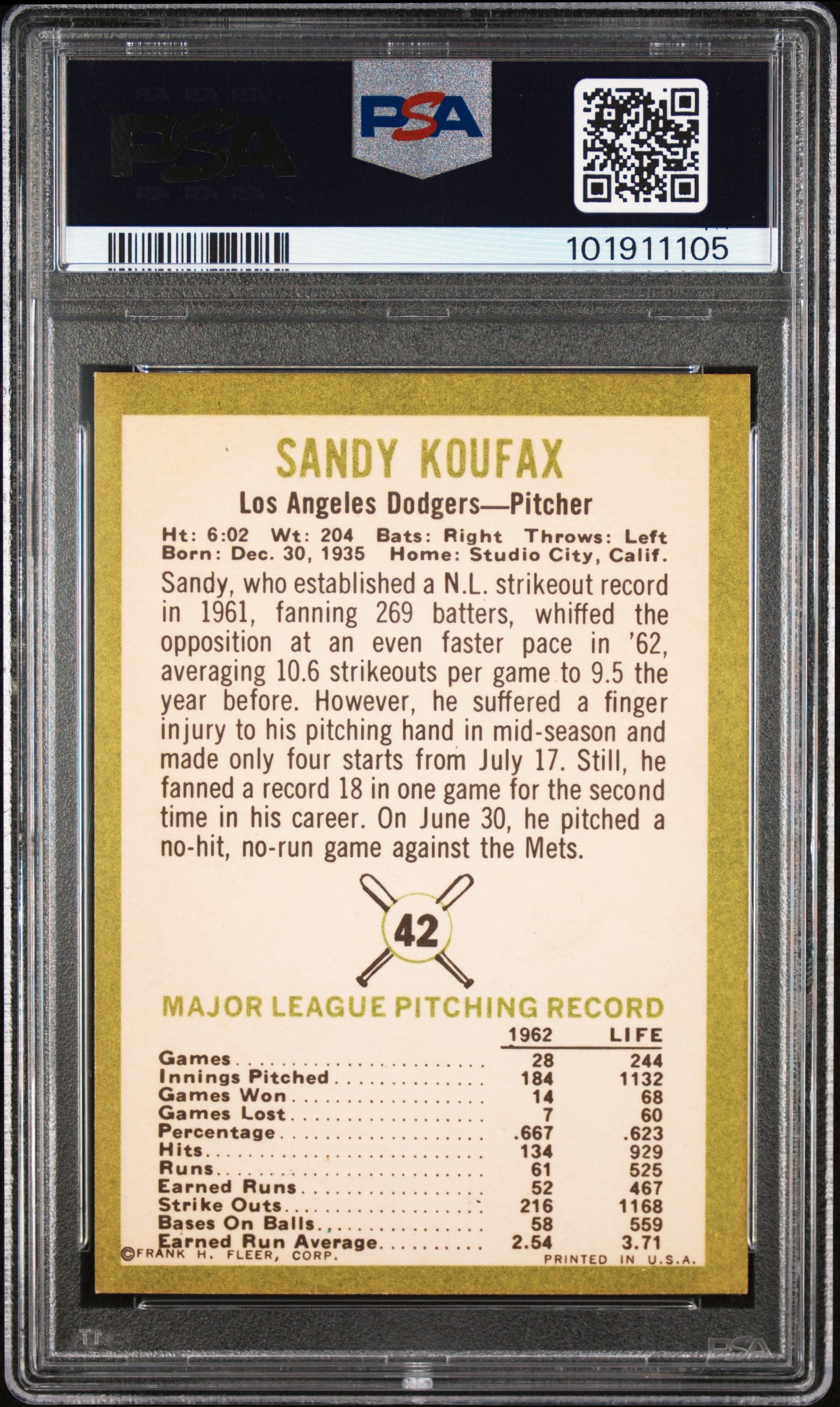 1963 Fleer Sandy Koufax #42 PSA 9