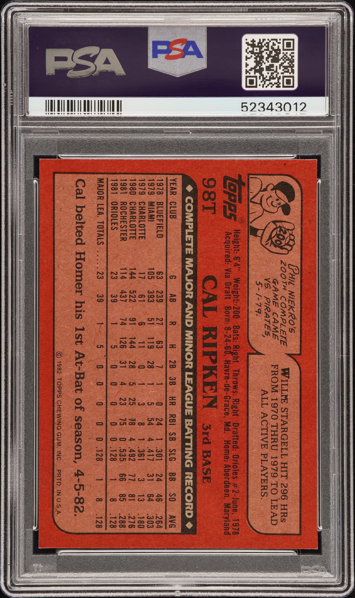 1982 Topps Traded Cal Ripken JR. #98T PSA 10