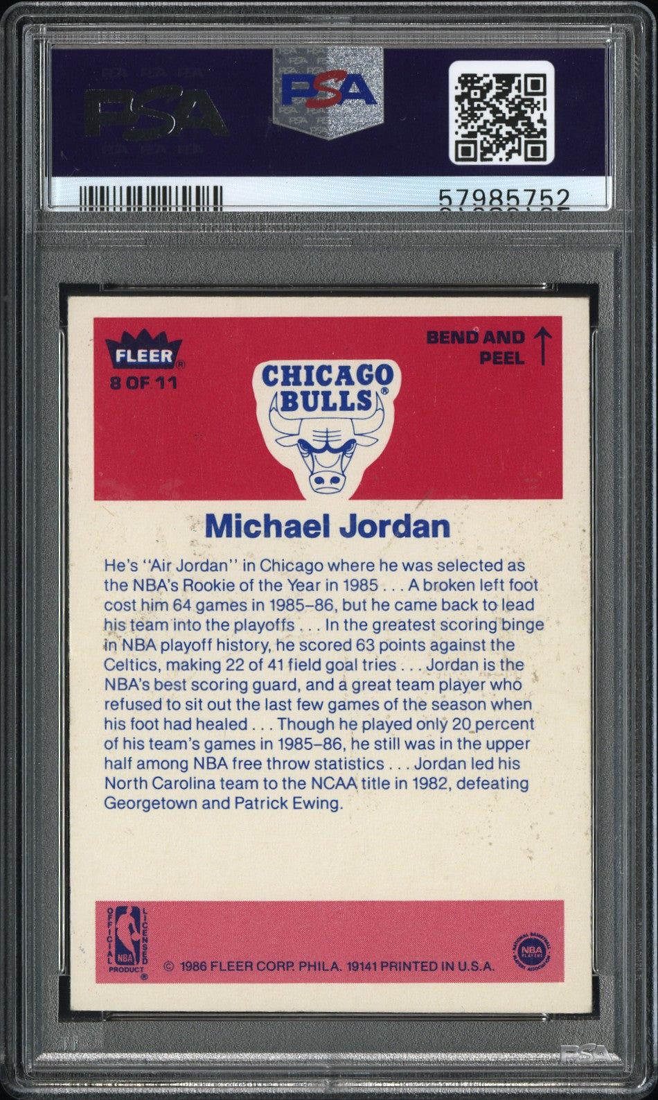1986 Fleer Sticker Michael Jordan #8 PSA 3