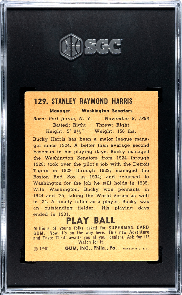 1940 Playball Bucky Harris #129 SGC 4.5