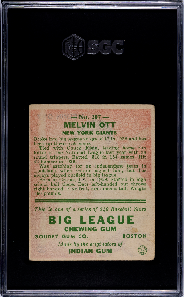1933 Goudey Melvin Ott #207 SGC 1