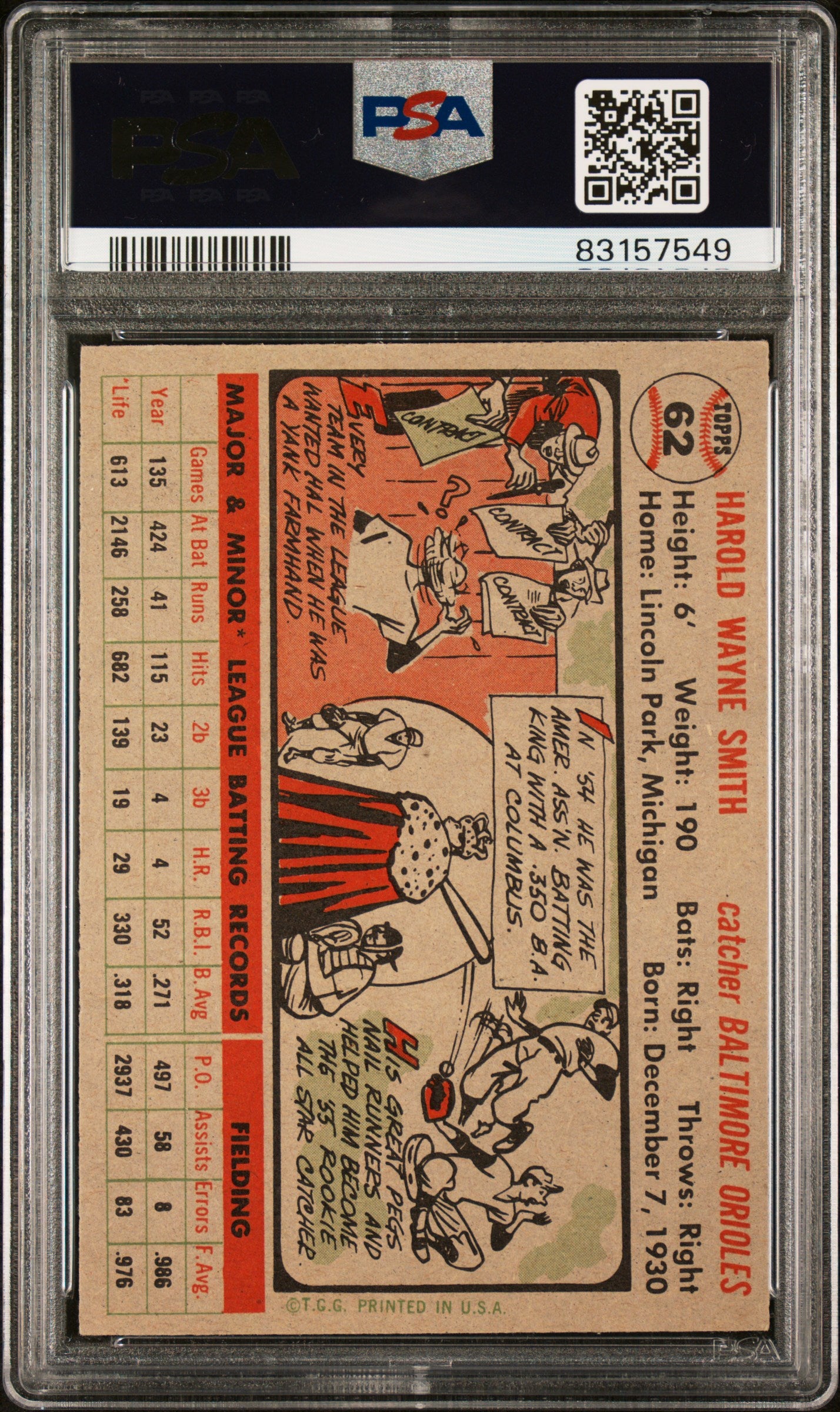 1956 Topps Hal Smith #62 Gray Back PSA 7