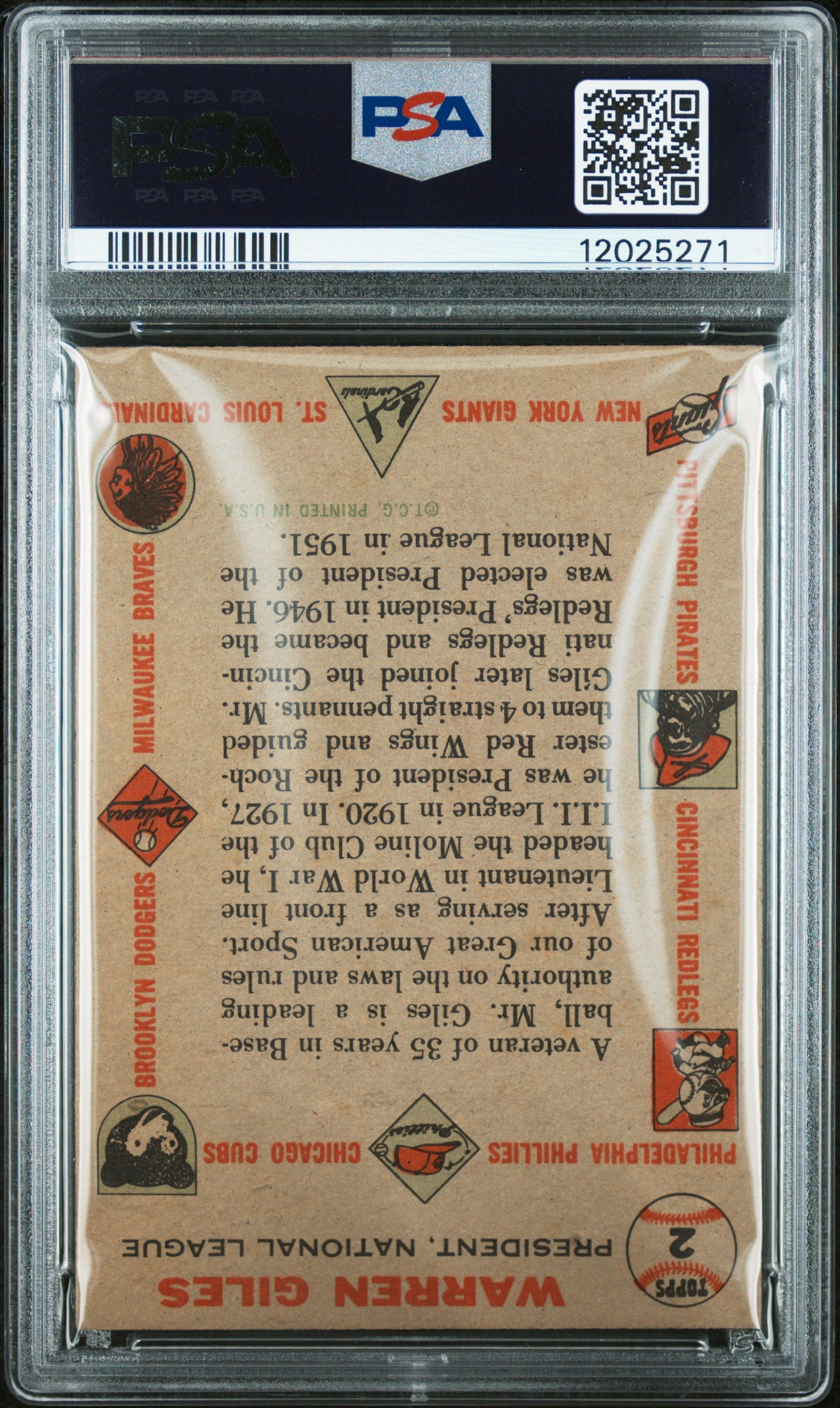 1956 Topps Warren Giles #2 Gray Back PSA 7