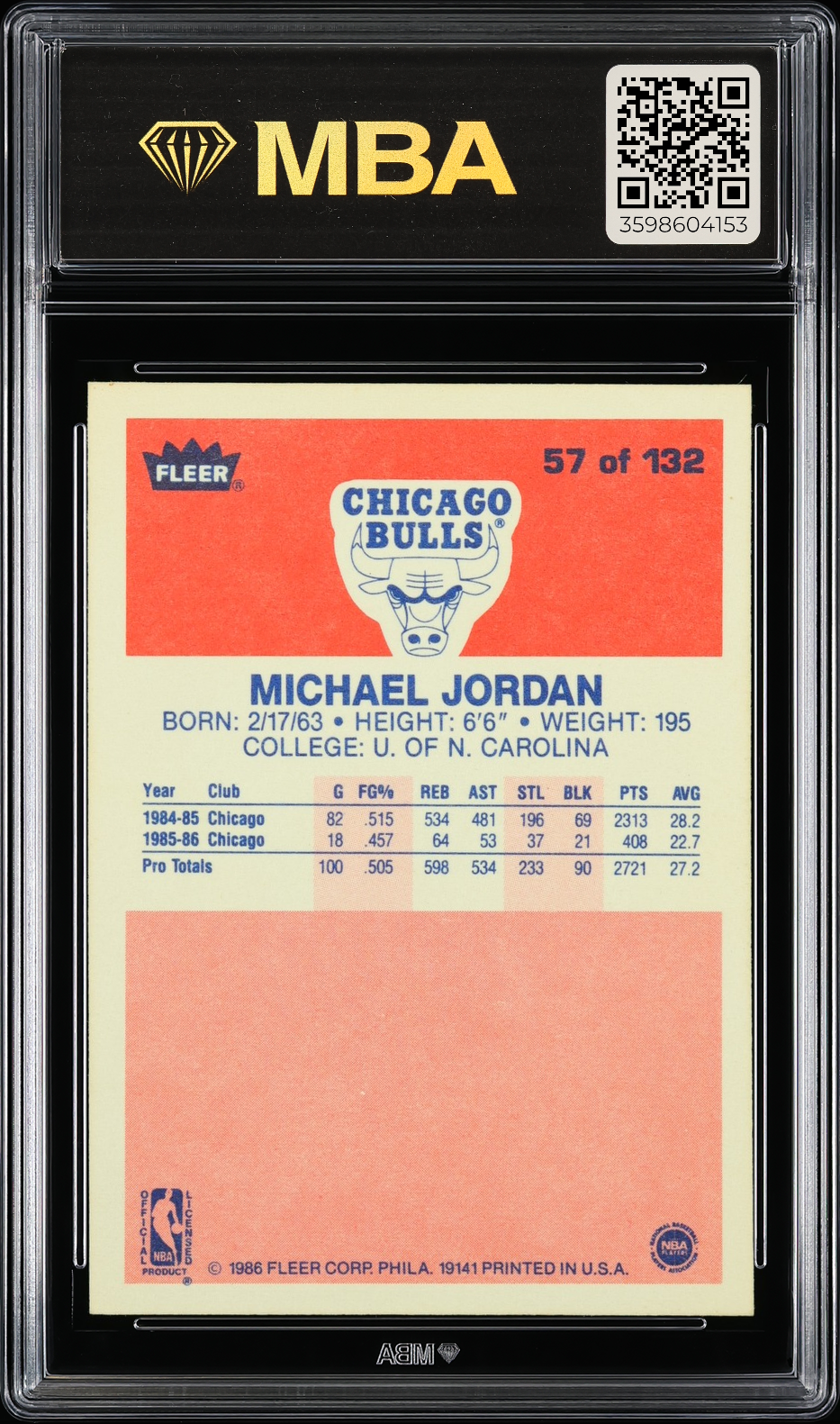 1986 Fleer Michael Jordan #57 MBA Authentic Altered