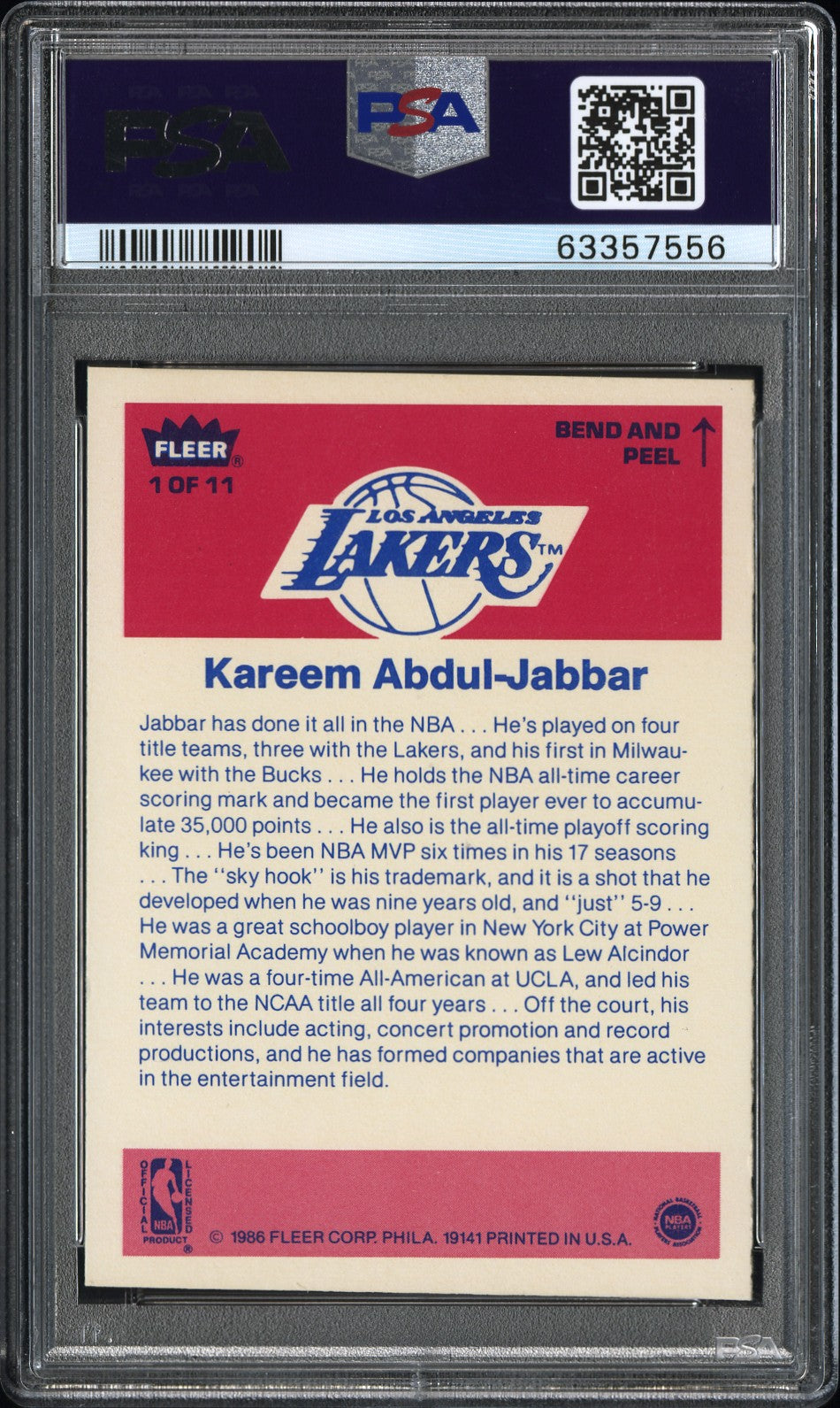 1986 Fleer Sticker K. Abdul-Jabbar #1 PSA 9