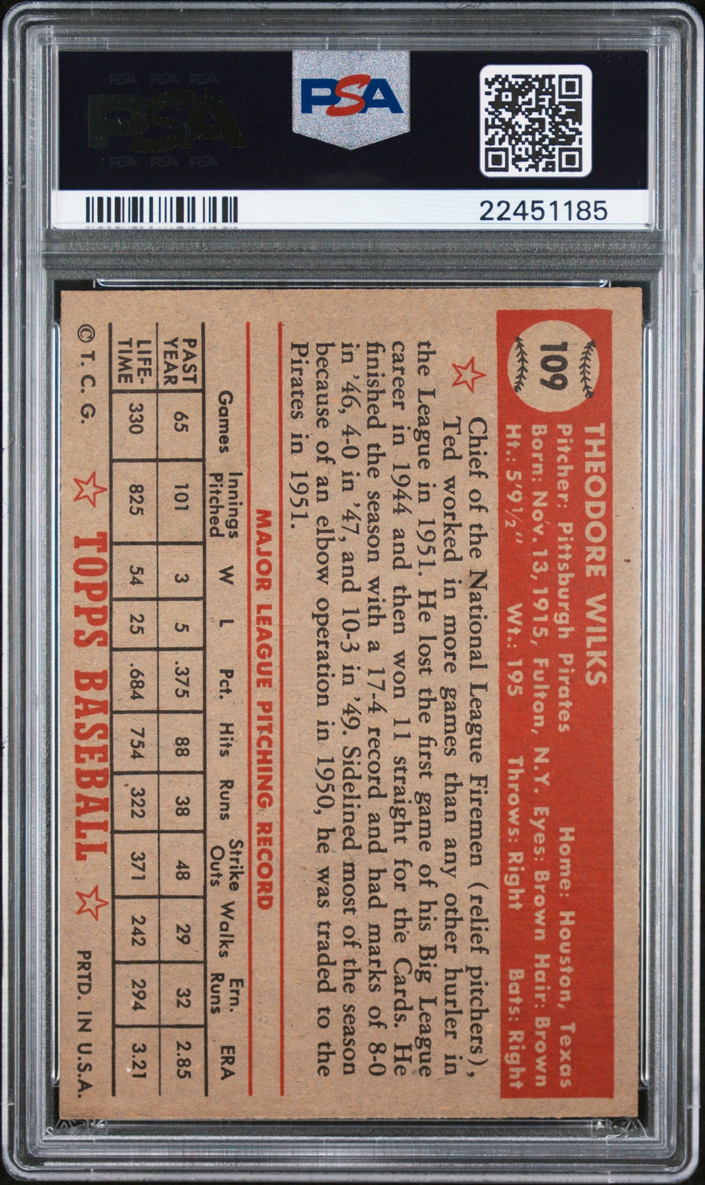 1952 Topps Ted Wilks #109 PSA 7