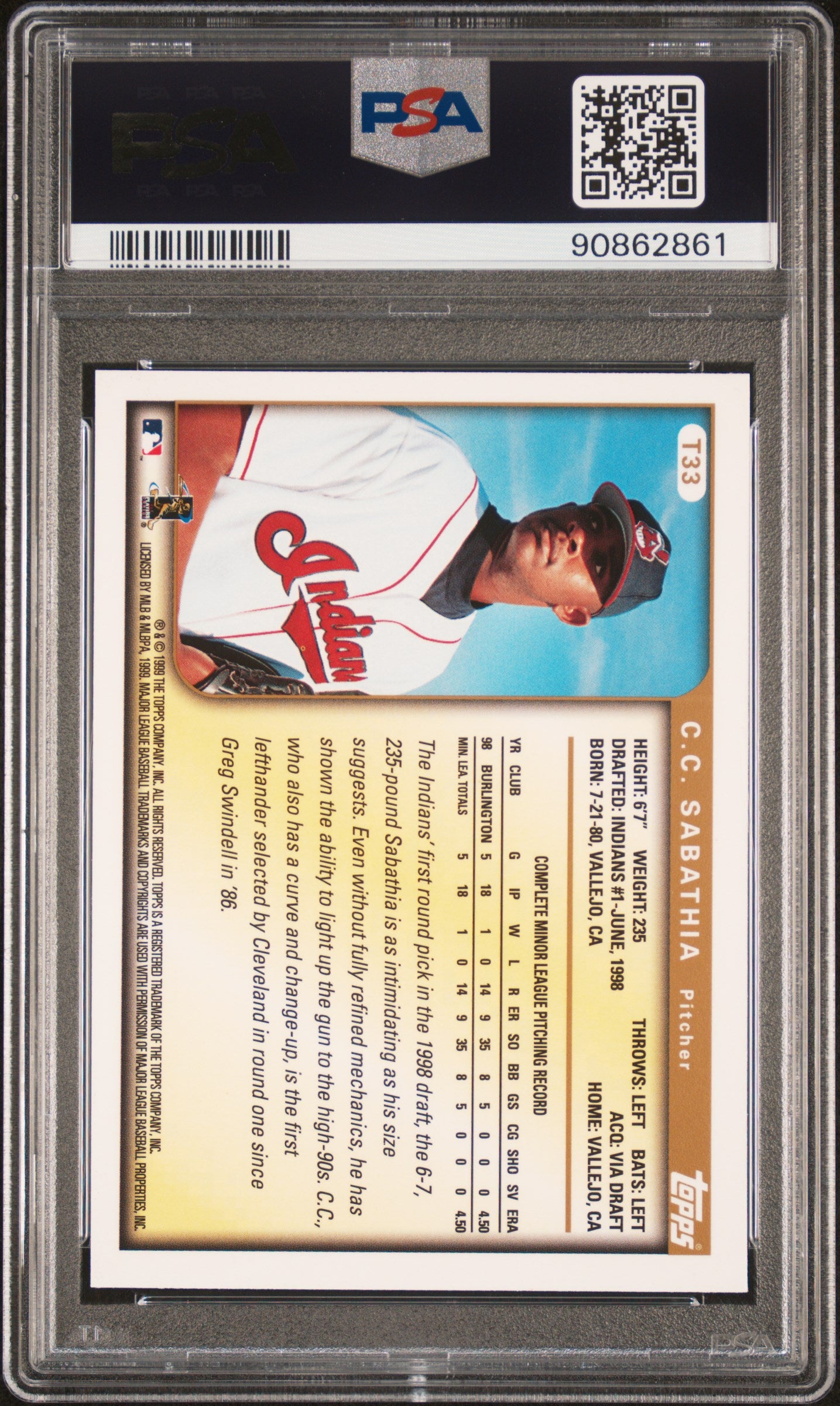 1999 Topps Traded C. C. Sabathia #T33 PSA 9 Auto 10