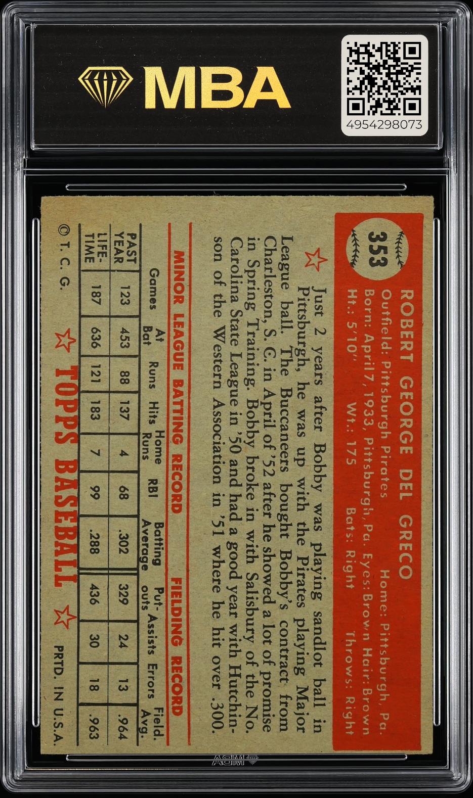 1952 Topps Bob Del Greco #353 MBA 4